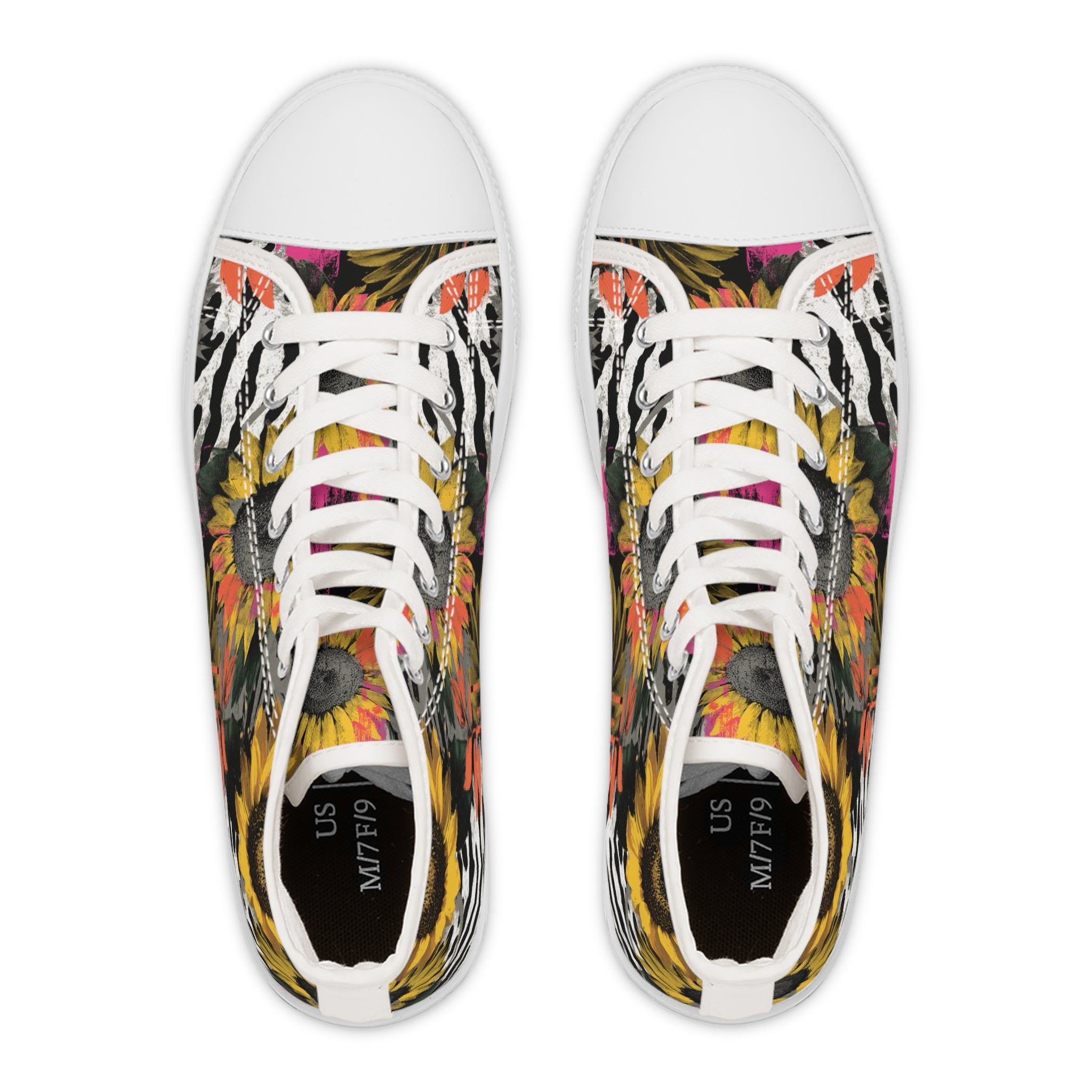 Zebra Stripes x Sunflowers Multi-Color Women's High Top Sneakers, Artsulli - Art is Long, Life is Short, Shoes, , , , , , , 