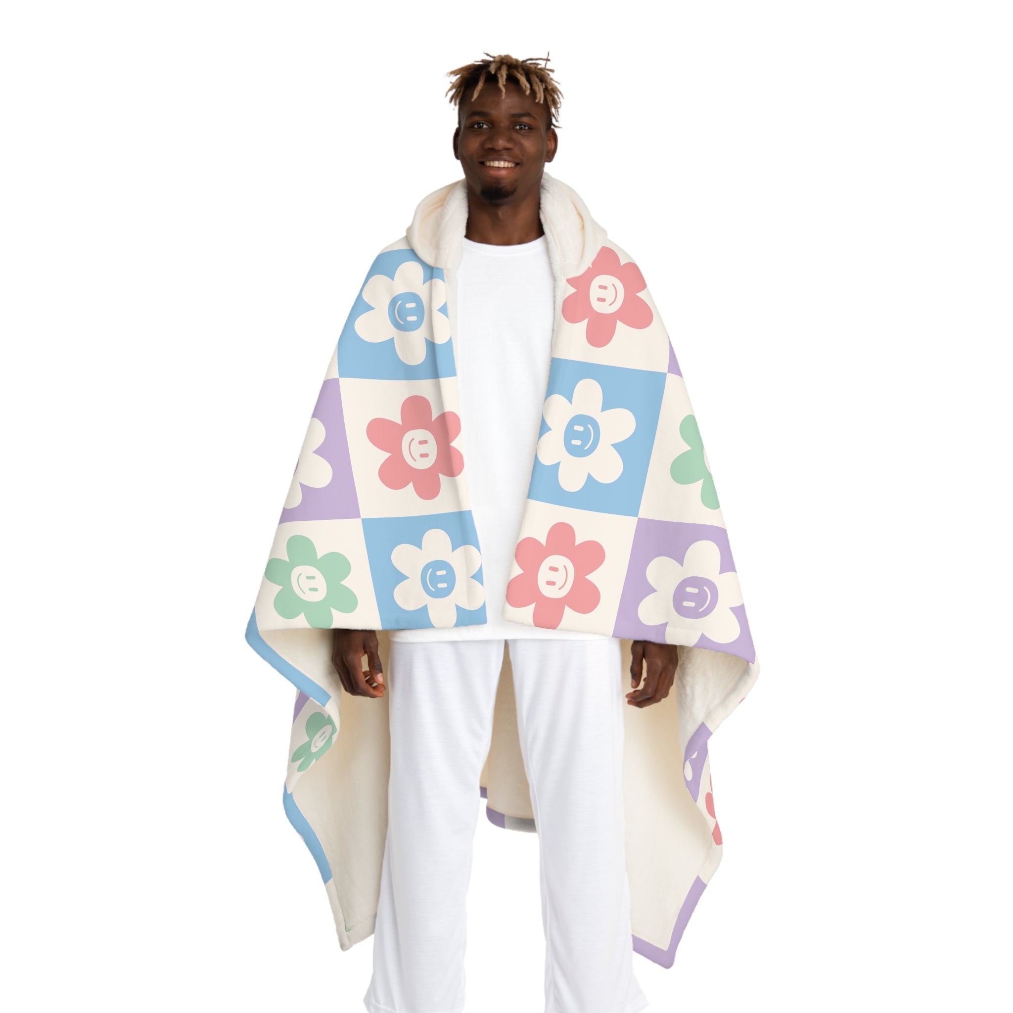 Chessboard x Smiley Face Flowers II Multi-Color  Hooded Sherpa Fleece Blanket, Artsulli - Art is Long, Life is Short, All Over Prints, Size, One size, Color, Cream, , , 20337124829700115066