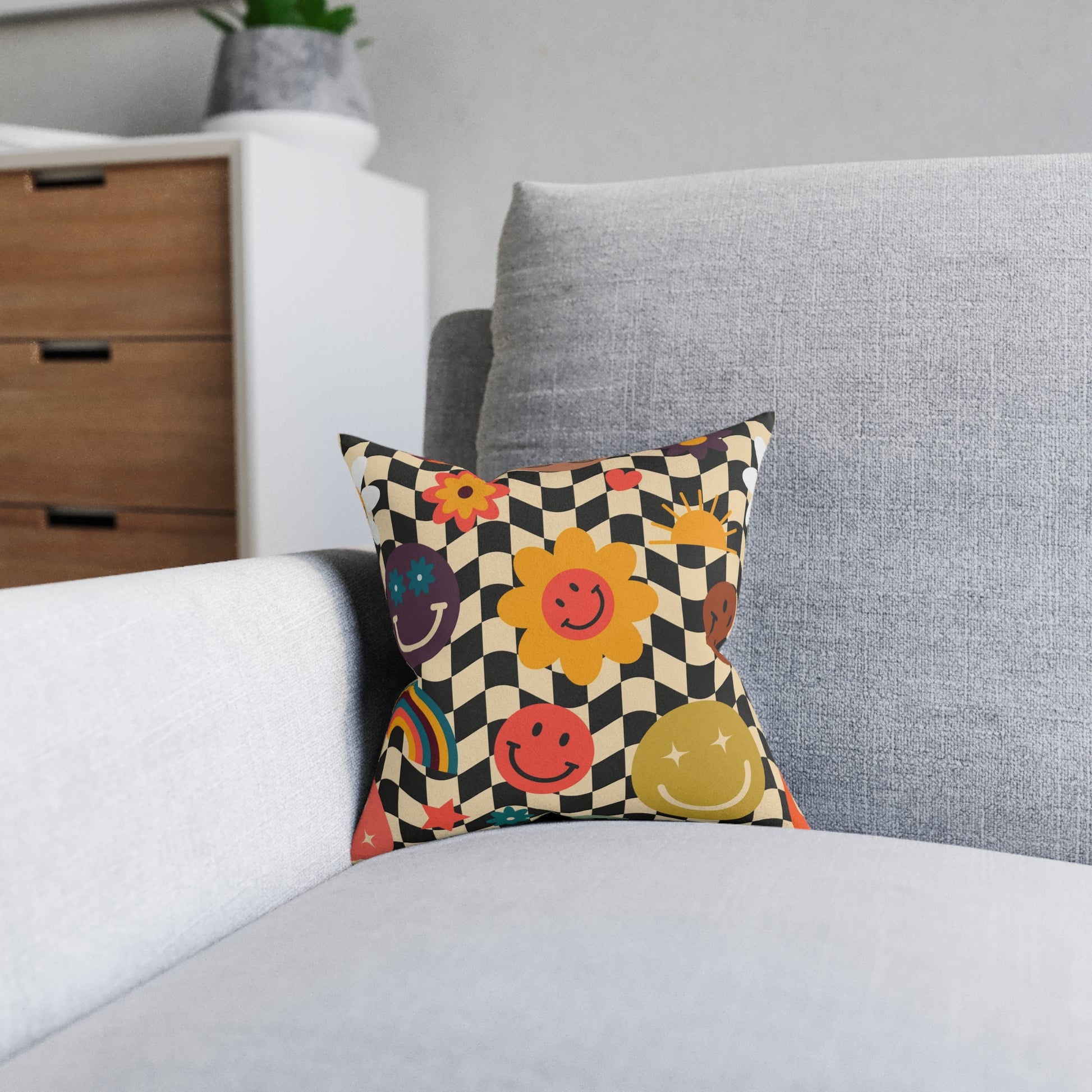 Trippy x Wavy Checkerboard x Smiley Face x Rainbow x Flowers Multi-Color Square Pillow, Artsulli - Art is Long, Life is Short, Home Decor, , , , , , , 