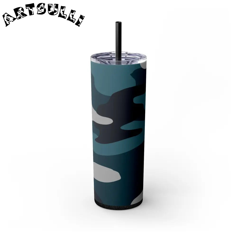 JAKKOUTTHEBXX Blue Camouflage Skinny Tumbler with Straw 20oz