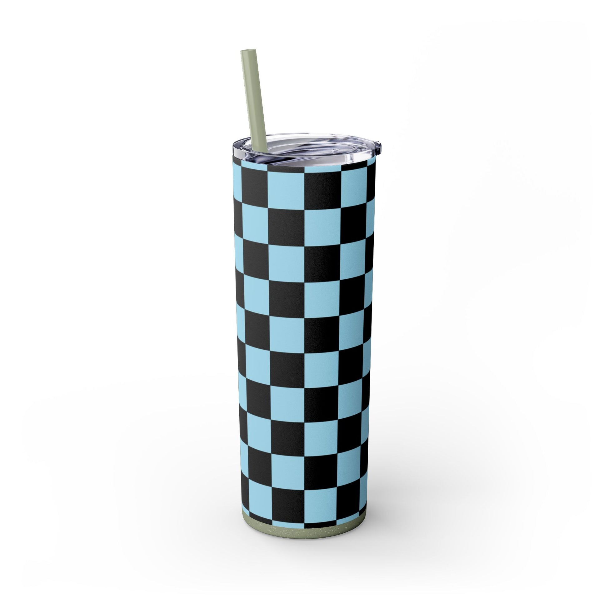 Checkerboard Black and Blue Skinny Tumbler with Straw, 20oz, Artsulli - Art is Long, Life is Short, Mug, , , , , , , 