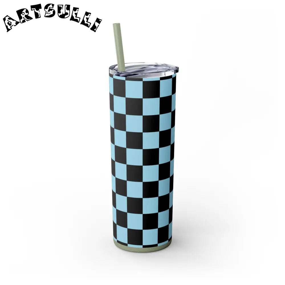 JAKKOUTTHEBXX Checkerboard Black and Blue Skinny Tumbler with Straw