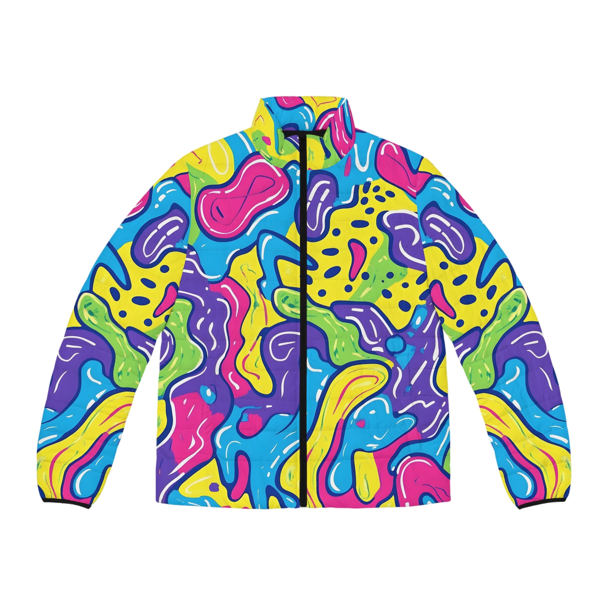90s Trippy Slime Men's Puffer Jacket (AOP), Artsulli - Art is Long, Life is Short, All Over Prints, Size, S, Color, Black zipper, , , 10164645493530737695