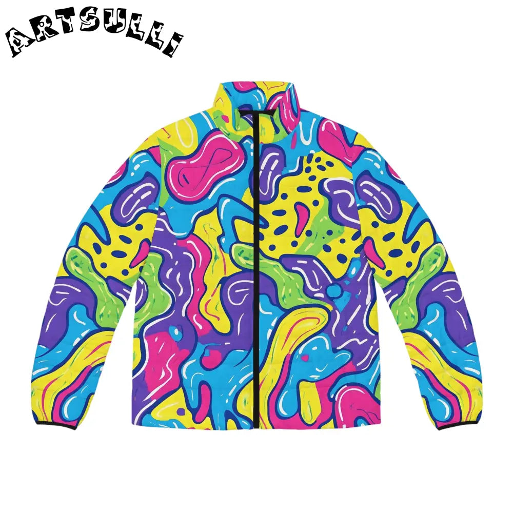 90s Trippy Slime Men's Puffer Jacket (AOP), Artsulli - Art is Long, Life is Short, All Over Prints, Size, S, Color, Black zipper, , , 10164645493530737695