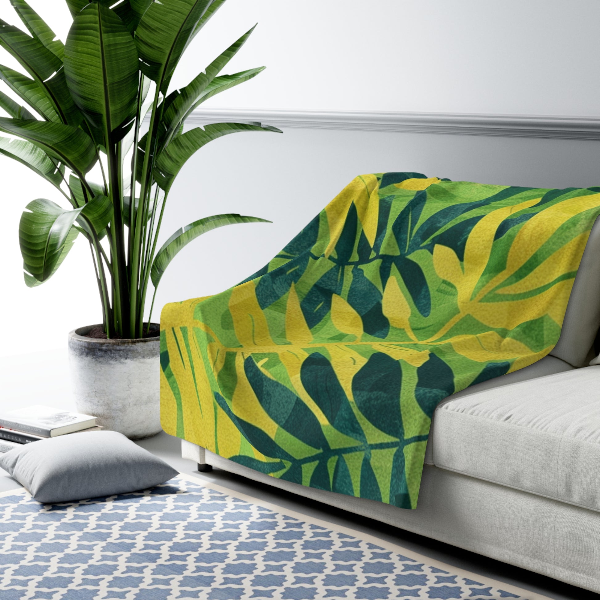 Green Leaf x Yellow Leaf x Tropical x Jungle Sherpa Fleece Blanket, Artsulli - Art is Long, Life is Short, Home Decor, , , , , , , 