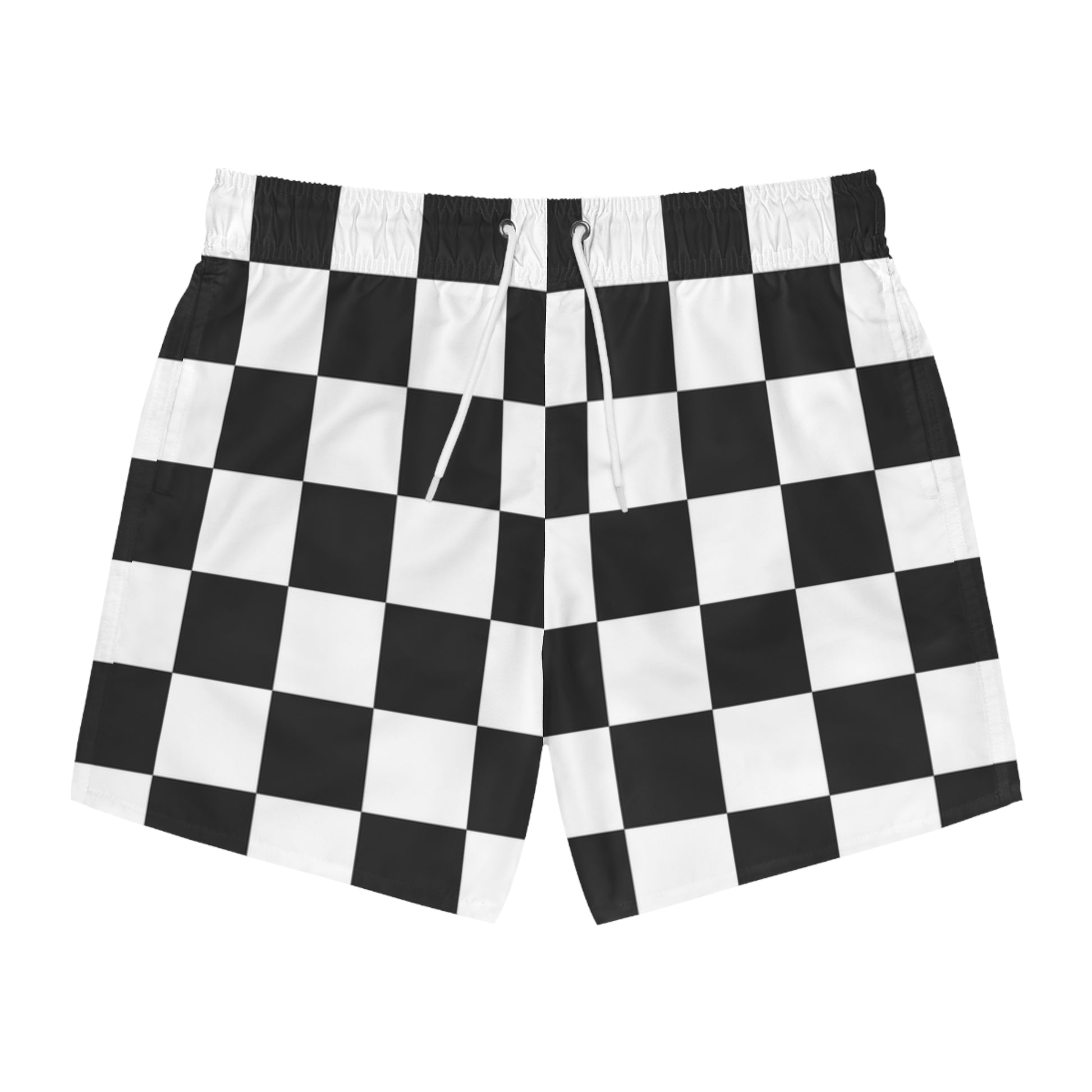 Checkerboard White and Black Swim Trunks (AOP), Artsulli - Art is Long, Life is Short, All Over Prints, Size, XS, Color, Seam thread color automatically matched to design, , , 26264910175403879148