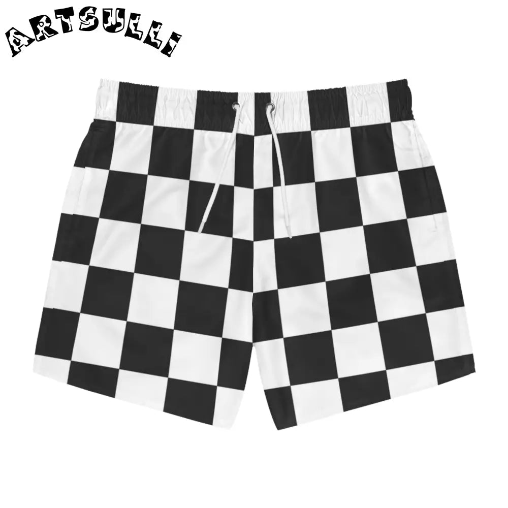 JAKKOUTTHEBXX Checkerboard White and Black Swim Trunks (AOP)