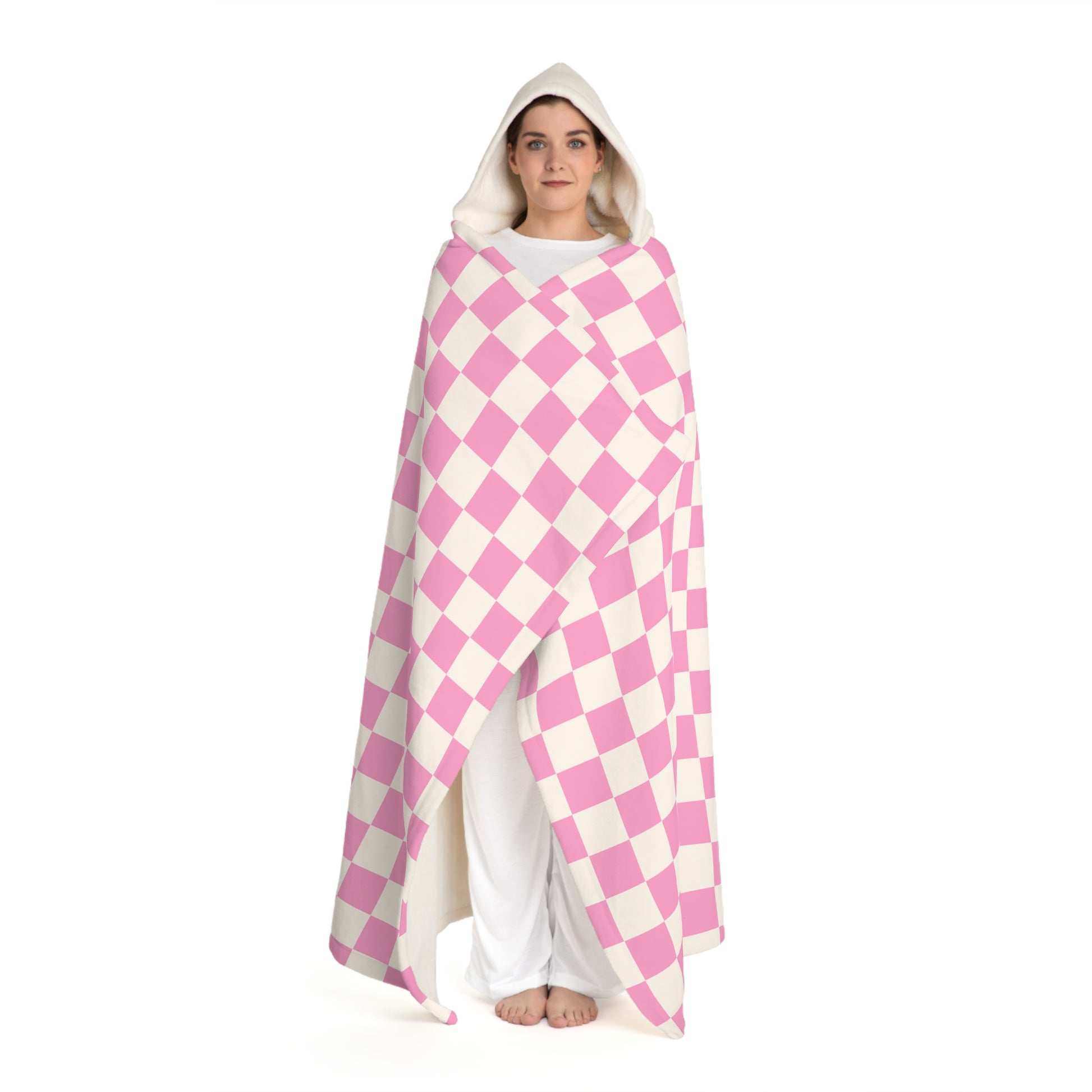 Checkerboard II Hot Pink and White Hooded Sherpa Fleece Blanket, Artsulli - Art is Long, Life is Short, All Over Prints, , , , , , , 