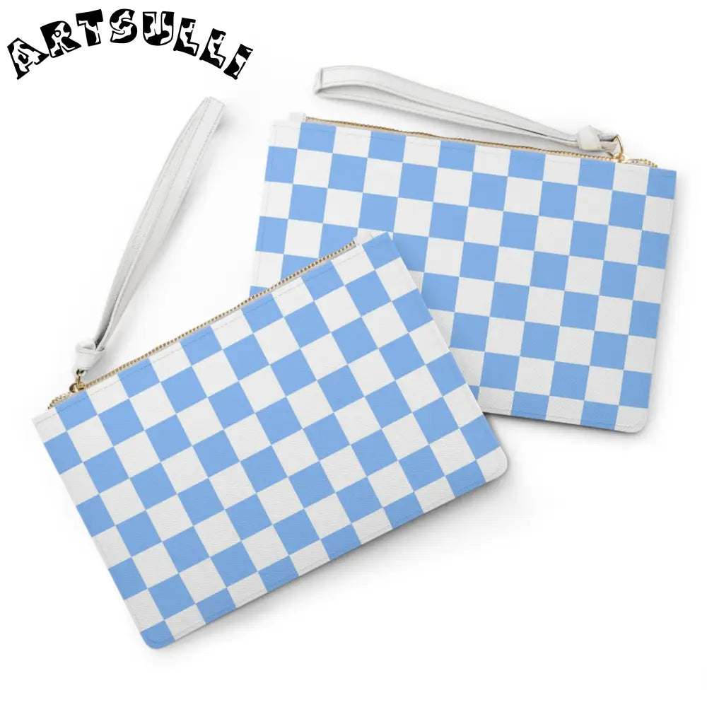 JAKKOUTTHEBXX Checkerboard White and Light Blue Clutch Bag