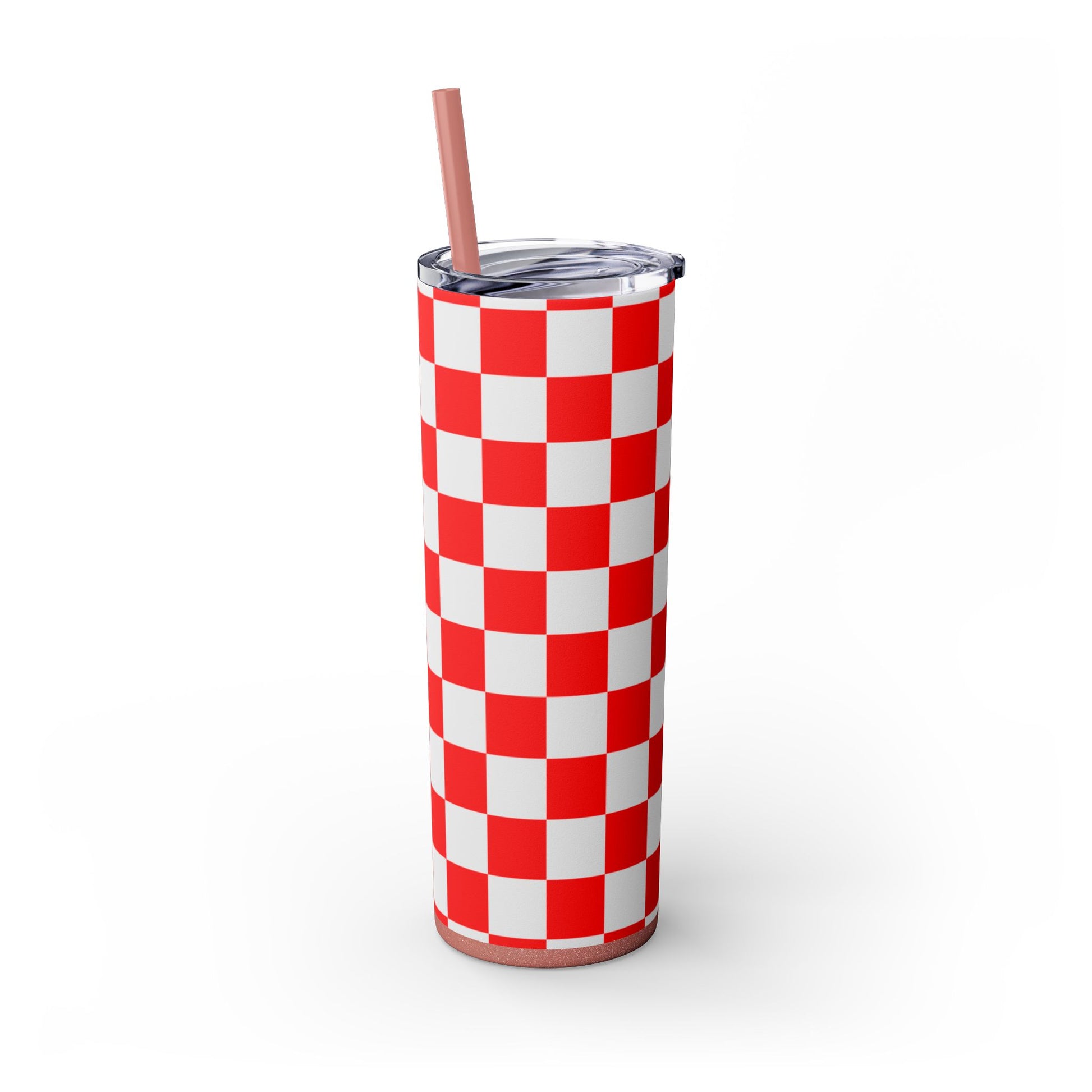Checkerboard Red and White Skinny Tumbler with Straw, 20oz, Artsulli - Art is Long, Life is Short, Mug, , , , , , , 