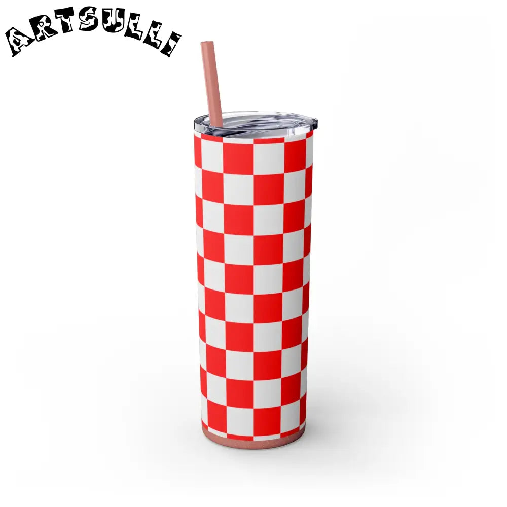 JAKKOUTTHEBXX Checkerboard Red and White Skinny Tumbler with Straw