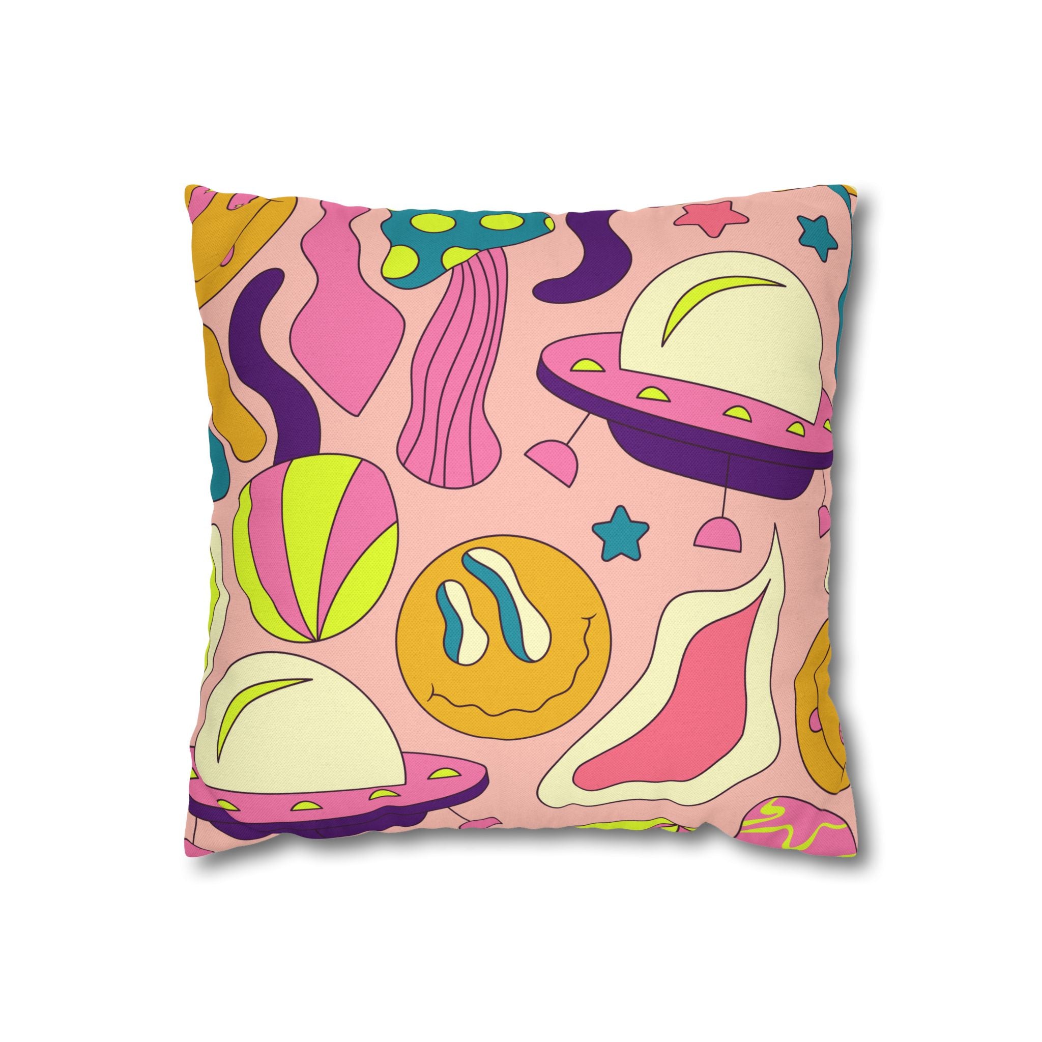 Trippy Spaceships Pink Spun Polyester Square Pillowcase, Artsulli - Art is Long, Life is Short, Home Decor, Size, 14" × 14", , , , , 14057368185650