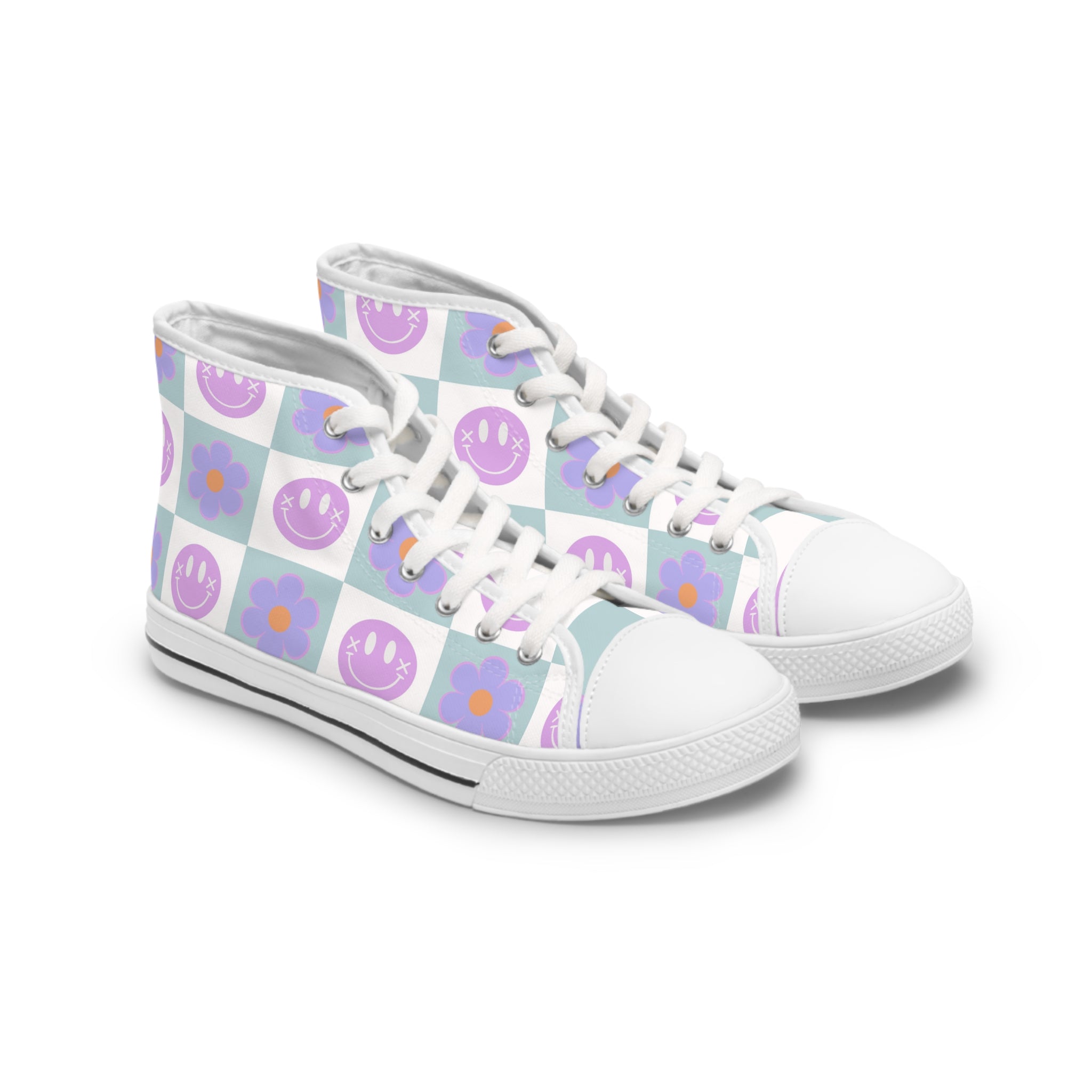 Flower x Smiley Face x Checkerboard Purple and WWomen's High Top Sneakers, Artsulli - Art is Long, Life is Short, Shoes, Size, US 5.5, Color, White sole, , , 13979947715734151478
