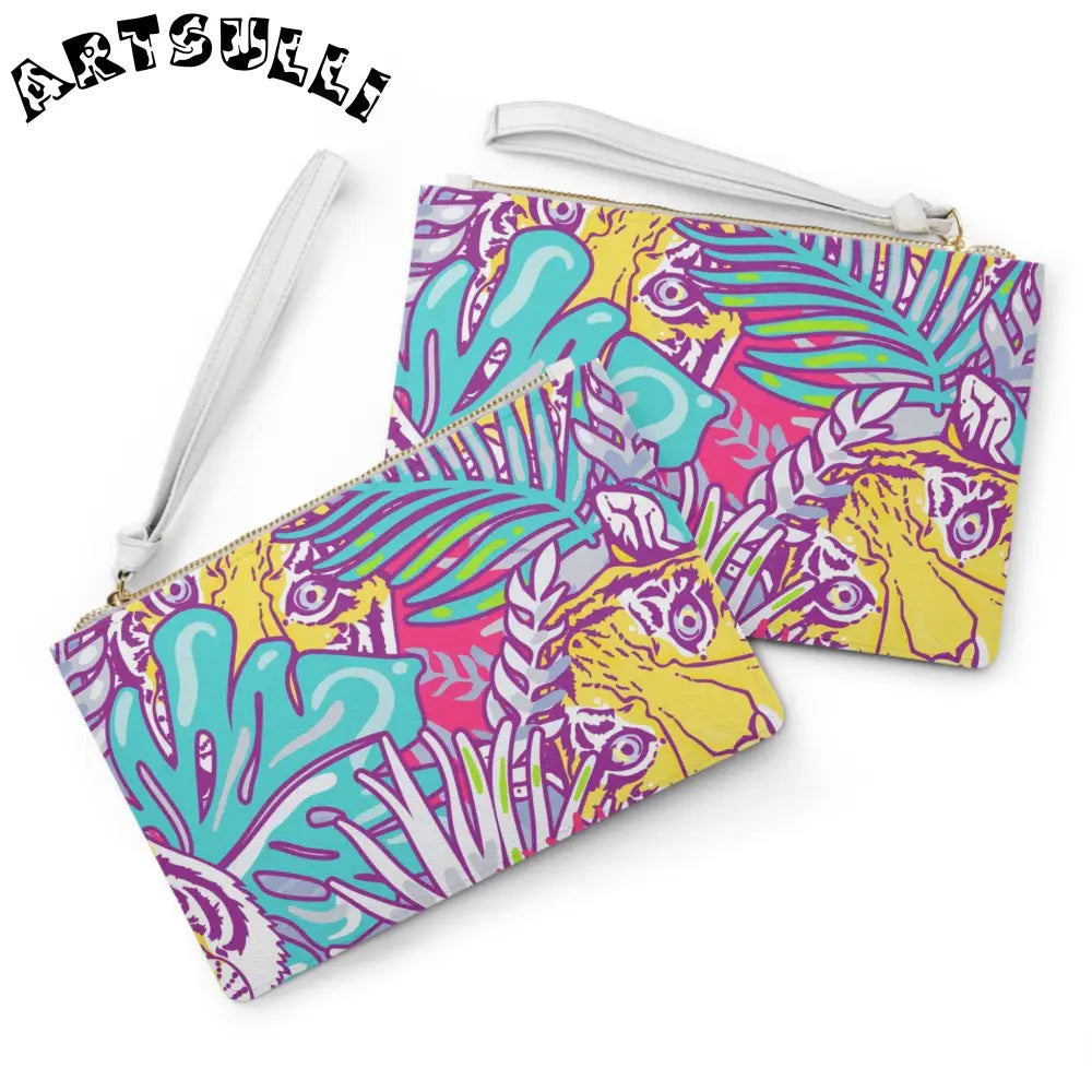 JAKKOUTTHEBXX Tropical Floral Tigers Torquise and Purple Clutch Bag