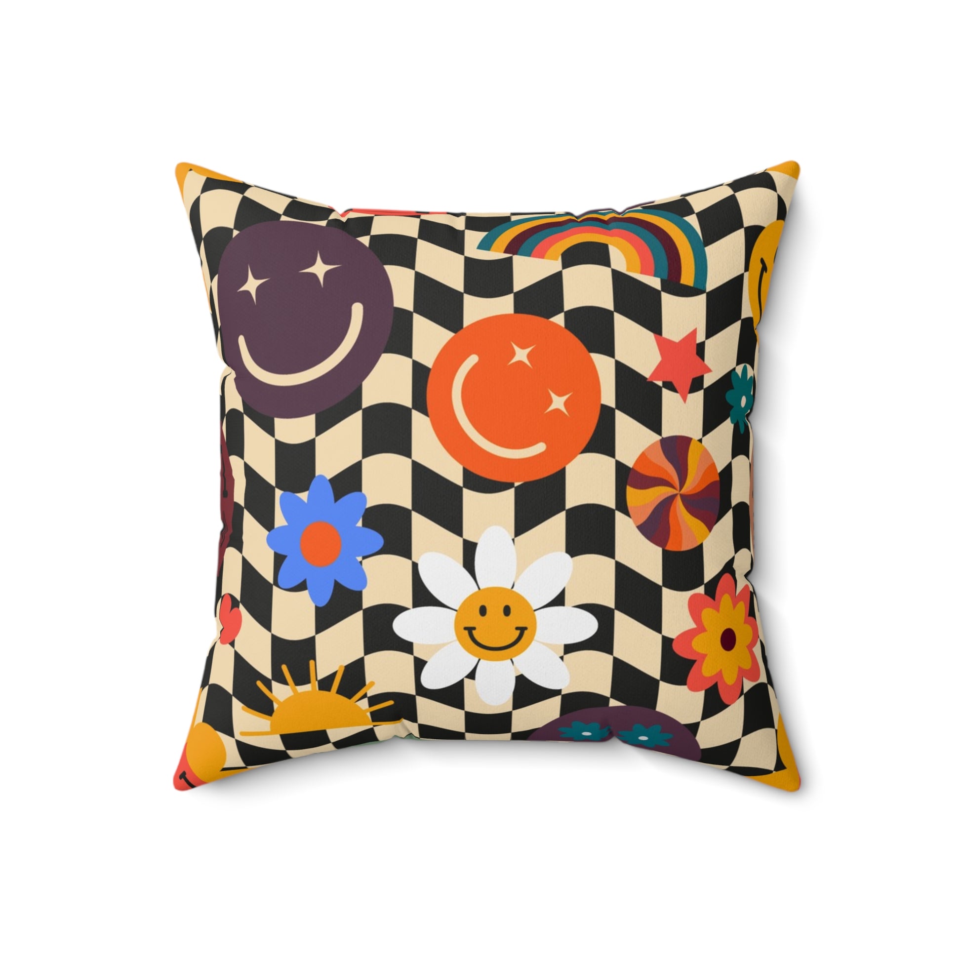 Trippy x Wavy Checkerboard x Smiley Face x Rainbow x Flowers Multi-Color Spun Polyester Square Pillow, Artsulli - Art is Long, Life is Short, Home Decor, Size, 18" × 18", , , , , 42676339028617574008