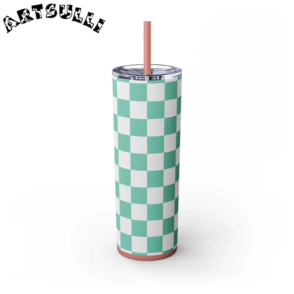 JAKKOUTTHEBXX Checkerboard Light Green Skinny Tumbler with Straw