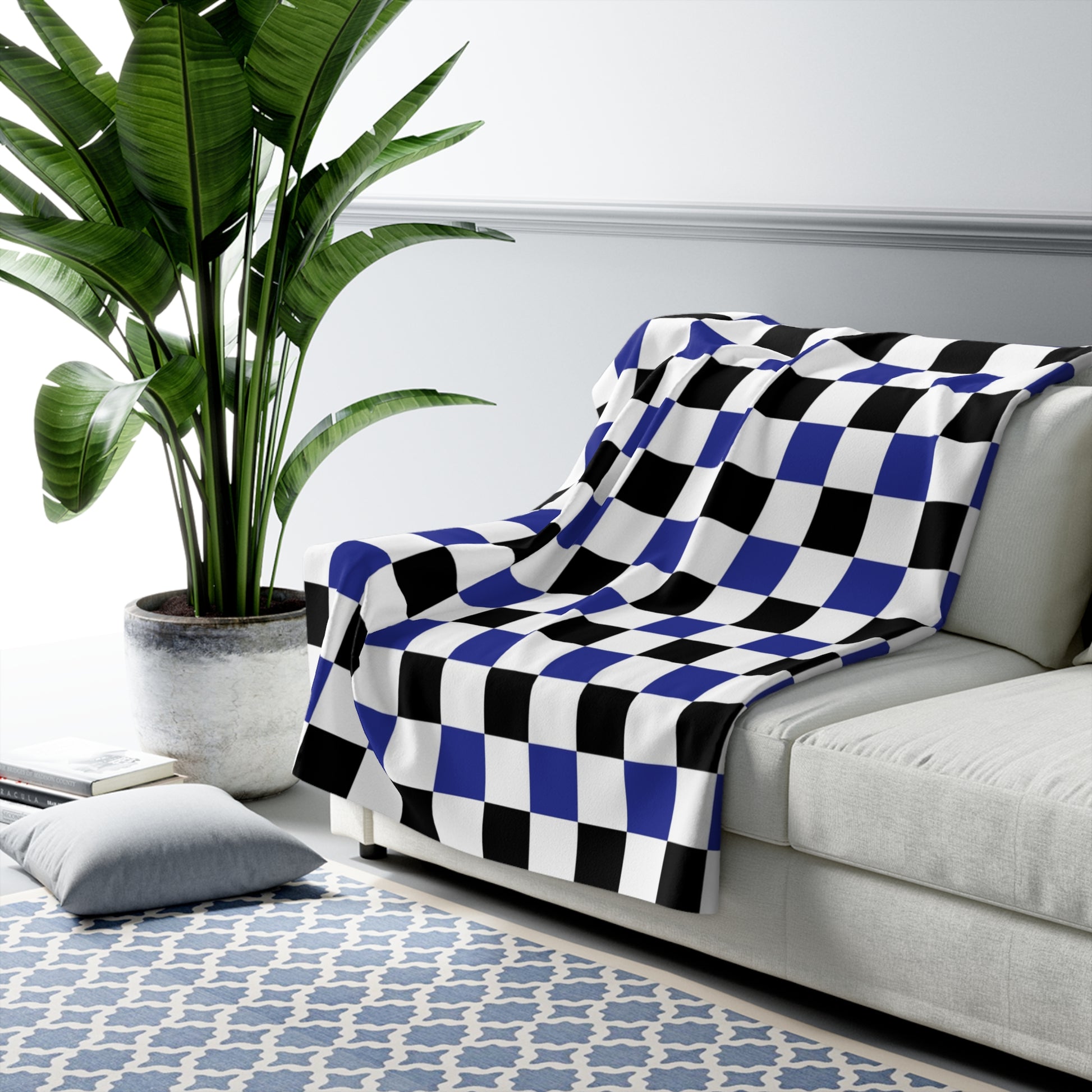 Checkerboard Blue White and Black Sherpa Fleece Blanket, Artsulli - Art is Long, Life is Short, Home Decor, , , , , , , 