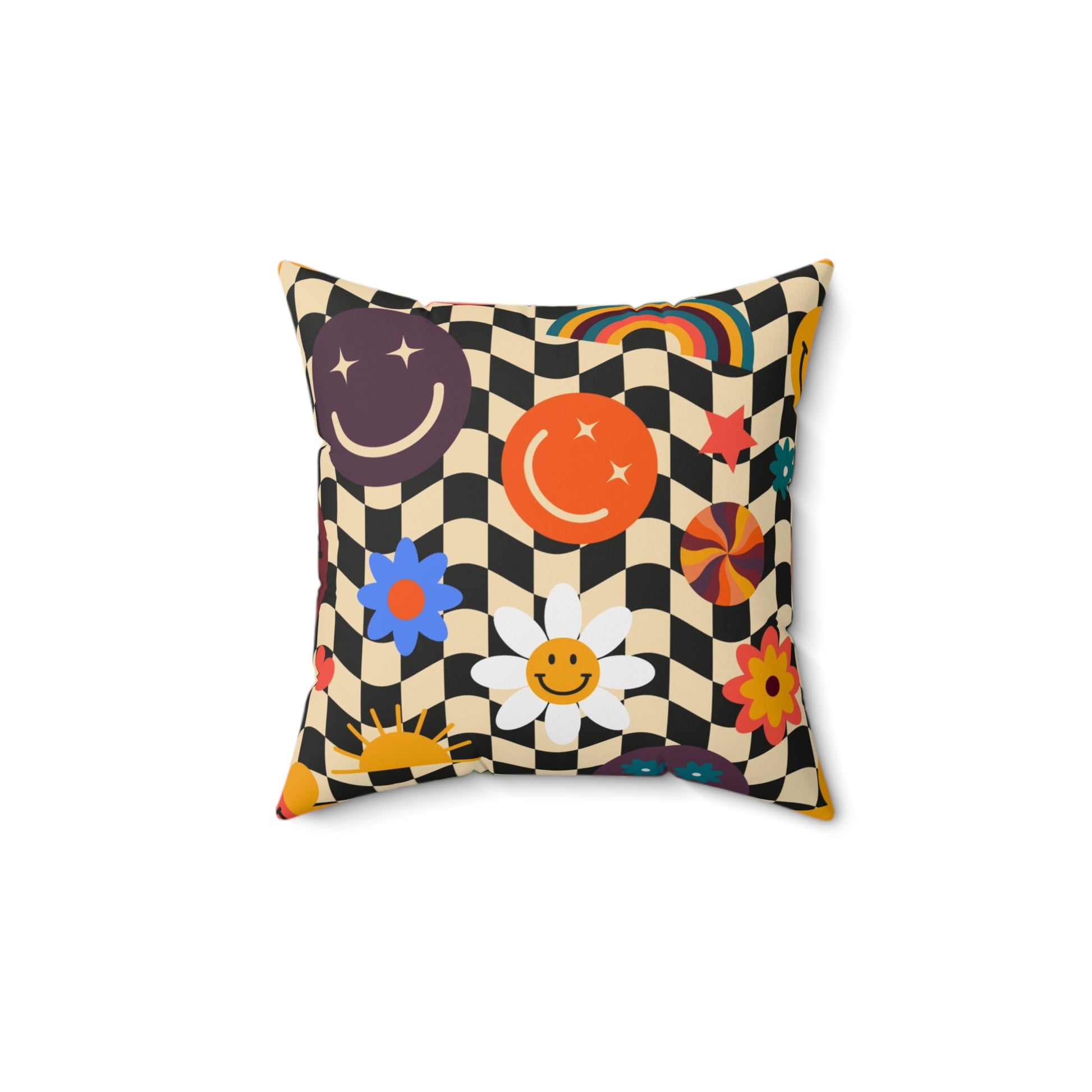 Trippy x Wavy Checkerboard x Smiley Face x Rainbow x Flowers Multi-Color Spun Polyester Square Pillow, Artsulli - Art is Long, Life is Short, Home Decor, Size, 14" × 14", , , , , 30319218498672524633