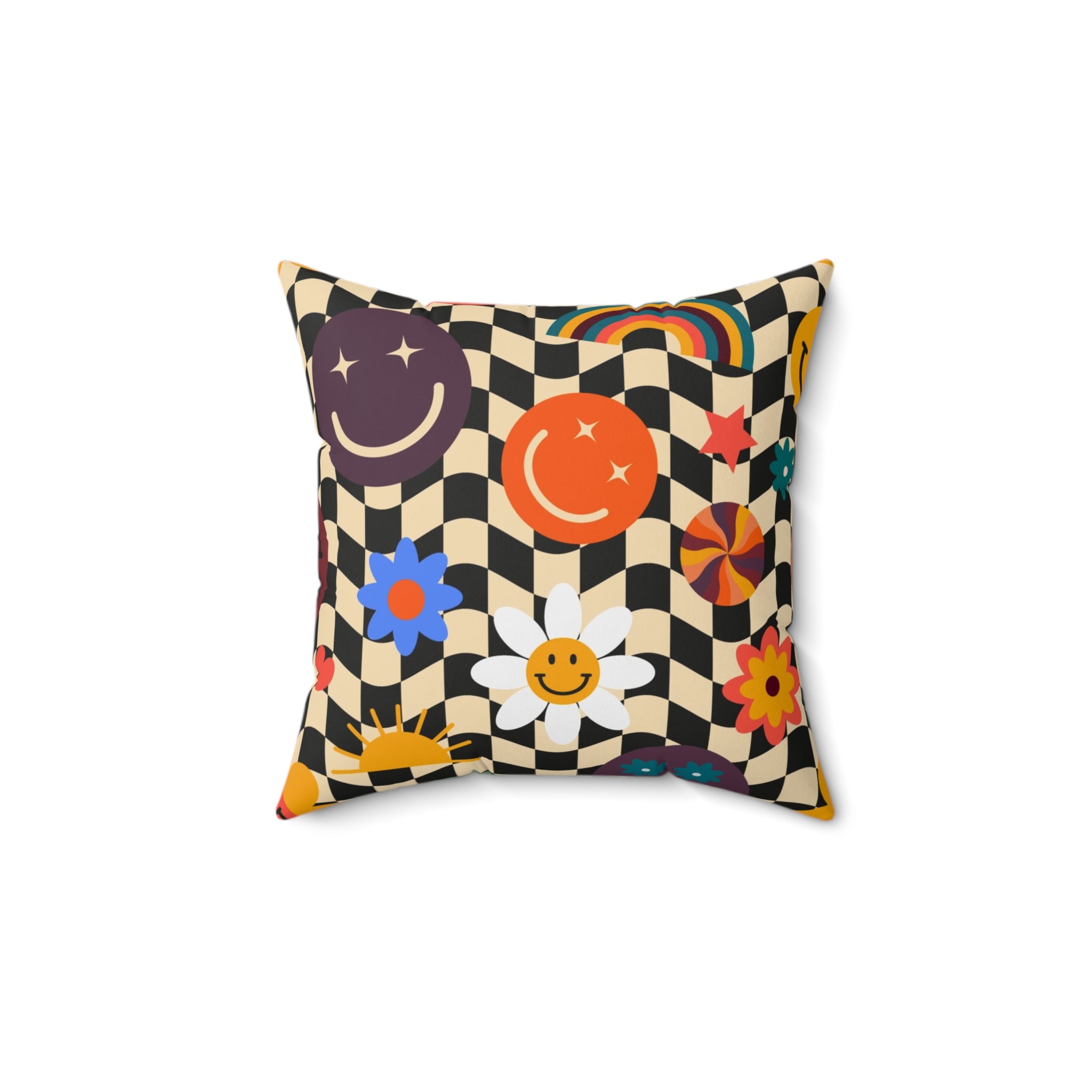 Trippy x Wavy Checkerboard x Smiley Face x Rainbow x Flowers Multi-Color Spun Polyester Square Pillow, Artsulli - Art is Long, Life is Short, Home Decor, Size, 14" × 14", , , , , 30319218498672524633