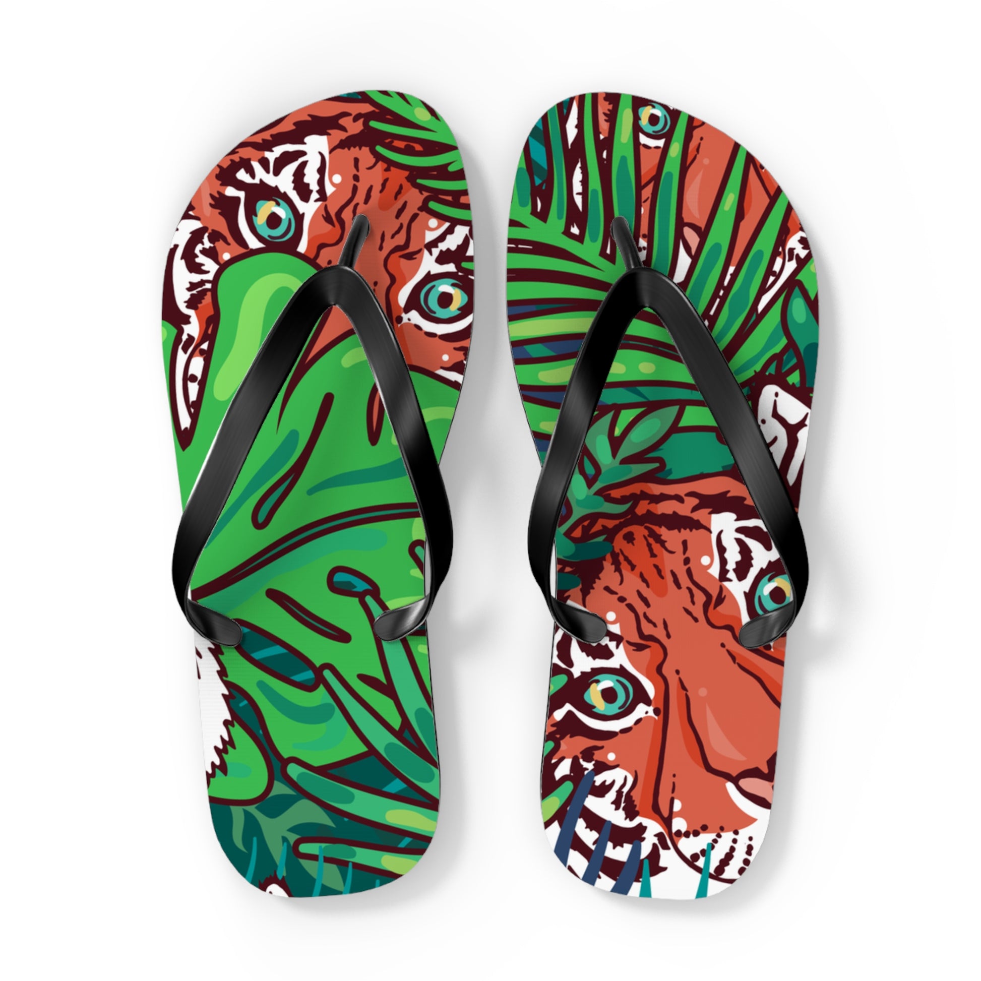 Tropical Jungle Tigers Blue and Green Flip Flops, Artsulli - Art is Long, Life is Short, Shoes, Size, XL, Color, Black sole, , , 14286991065977
