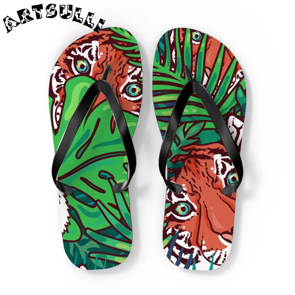 JAKKOUTTHEBXX Tropical Jungle Tigers Blue and Green Flip Flops
