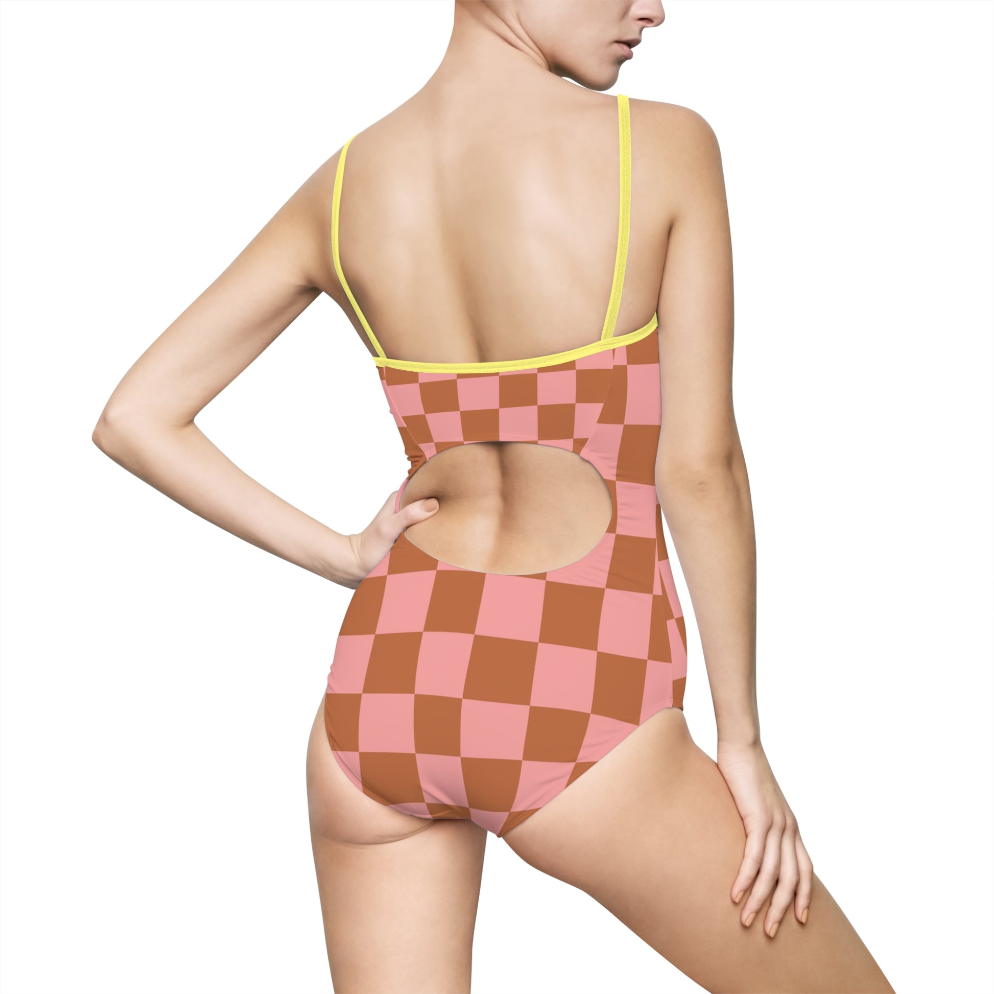 Chessboard Pink and Brown Women's One-piece Swimsuit (AOP), Artsulli - Art is Long, Life is Short, All Over Prints, , , , , , , 