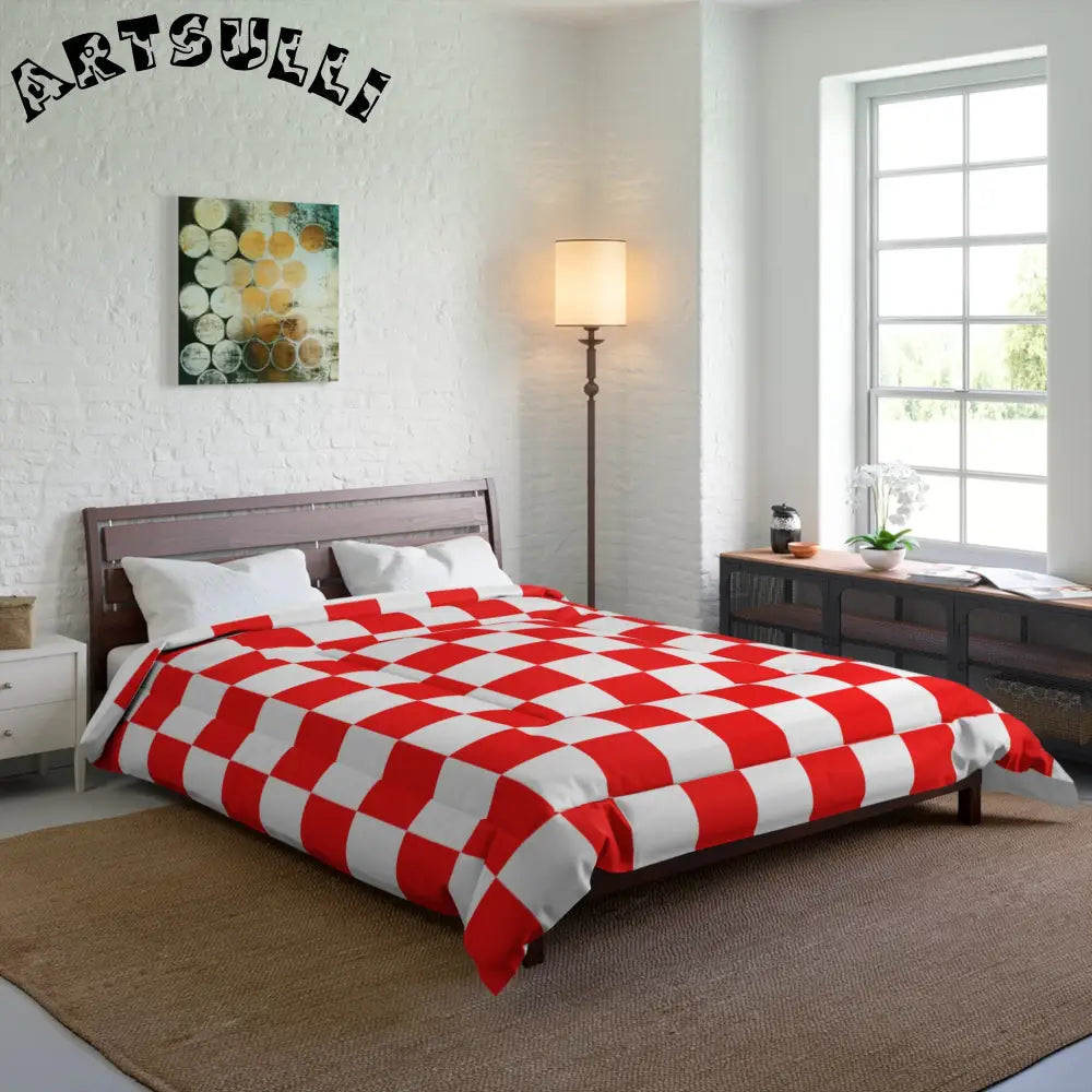 JAKKOUTTHEBXX Checkerboard Red and White Comforter JAKKOUTTHEBXX