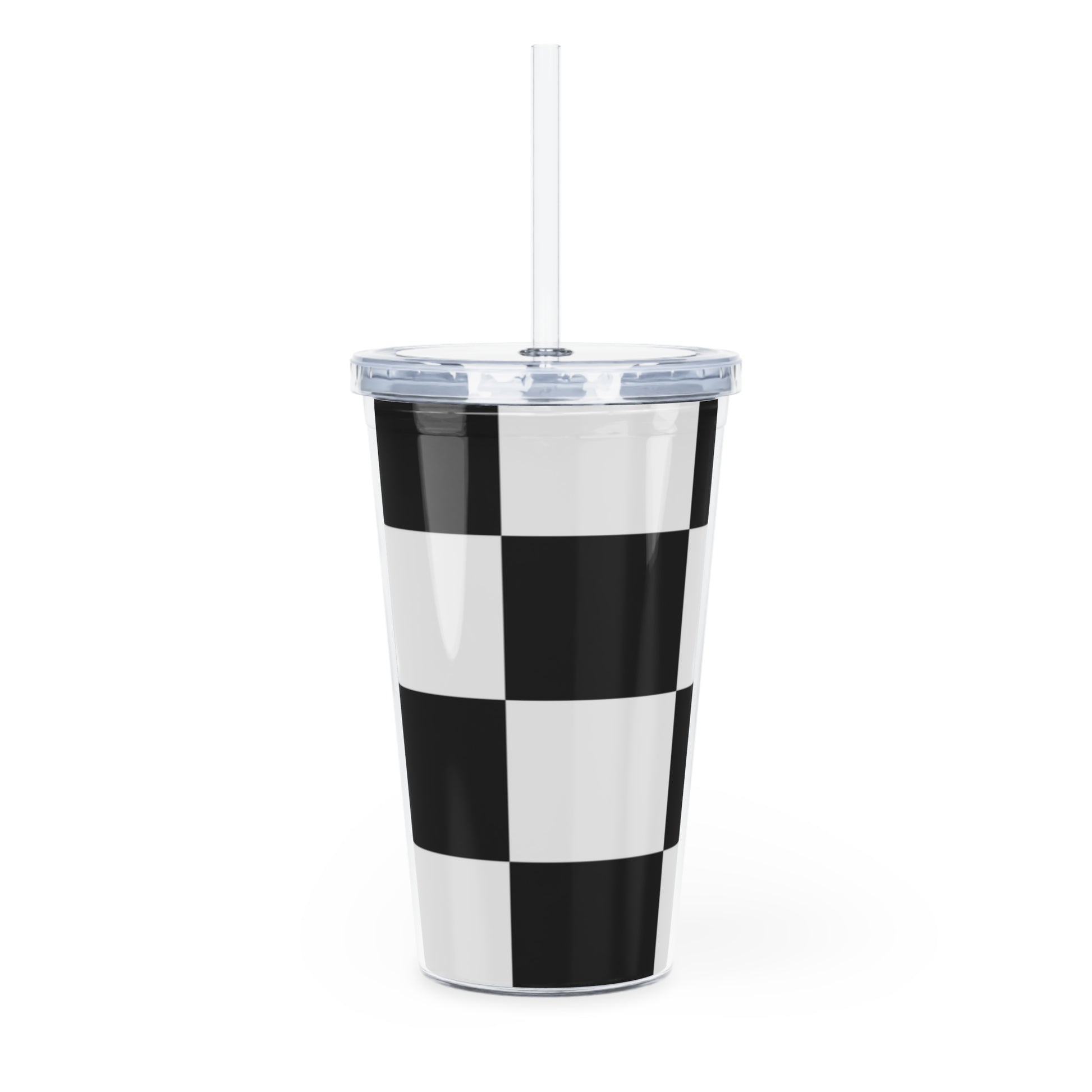 Checkerboard Black and White Plastic Tumbler with Straw, Artsulli - Art is Long, Life is Short, Mug, , , , , , , 