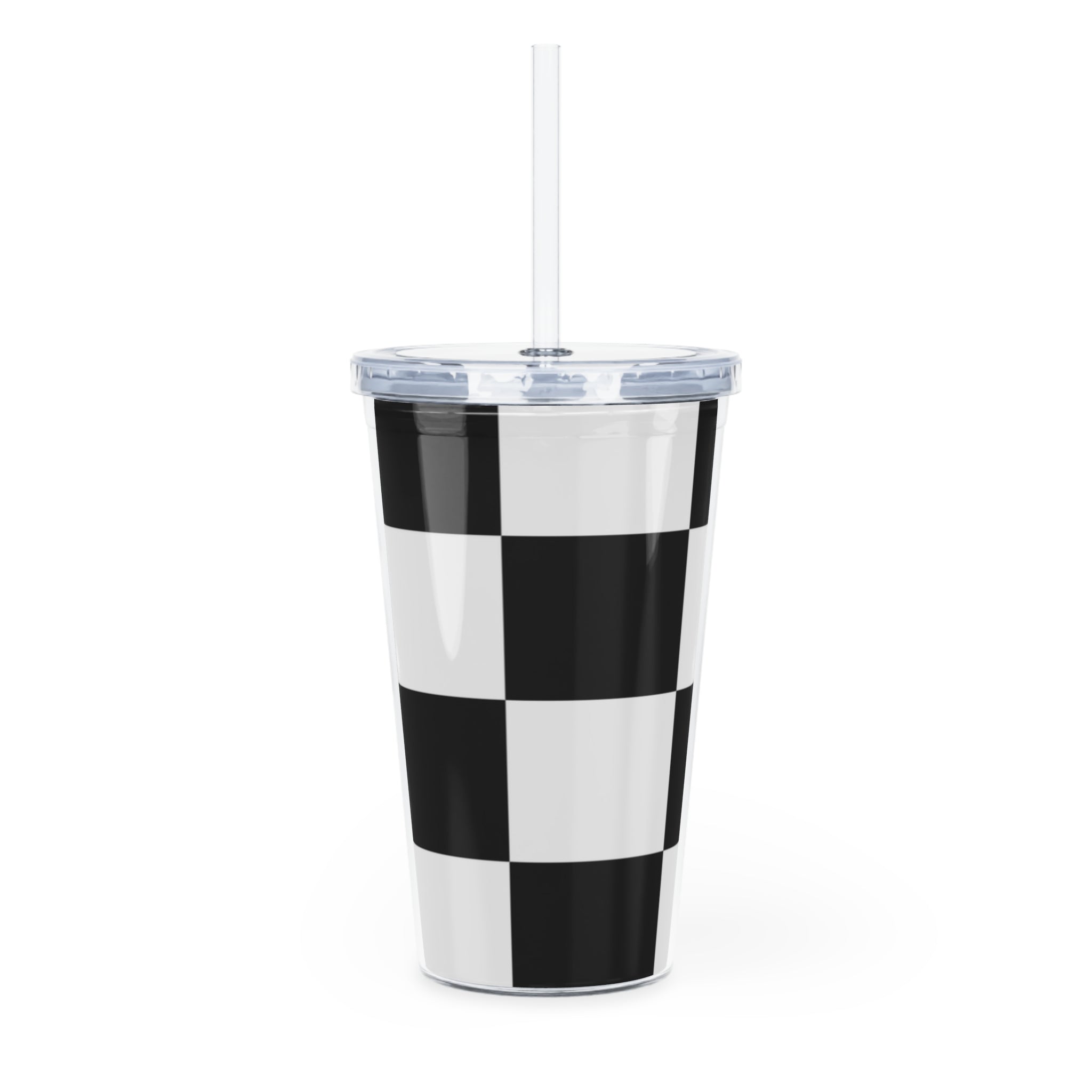 Checkerboard Black and White Plastic Tumbler with Straw, Artsulli - Art is Long, Life is Short, Mug, , , , , , , 