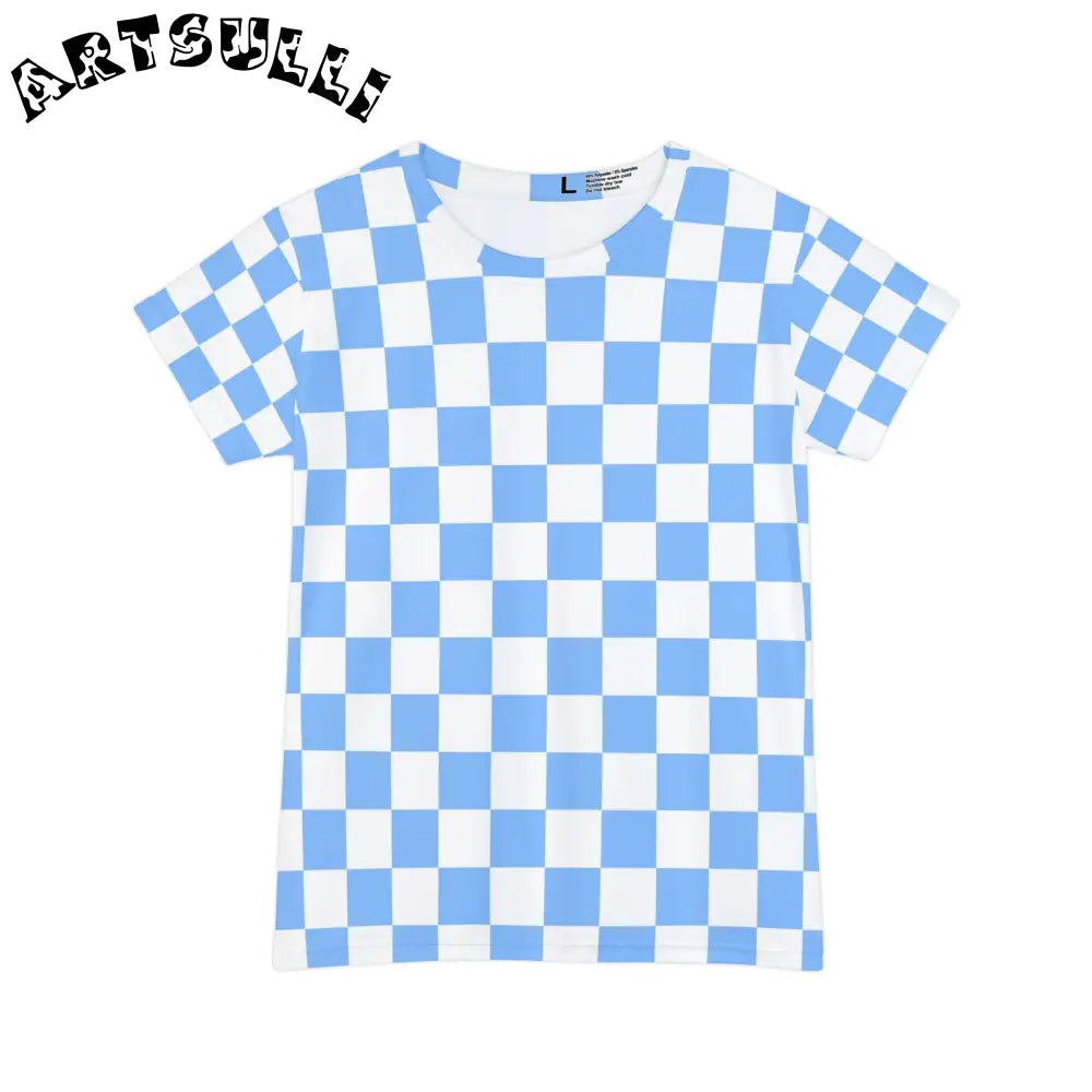 JAKKOUTTHEBXX Checkerboard White and Light Blue Women’s Short Sleeve