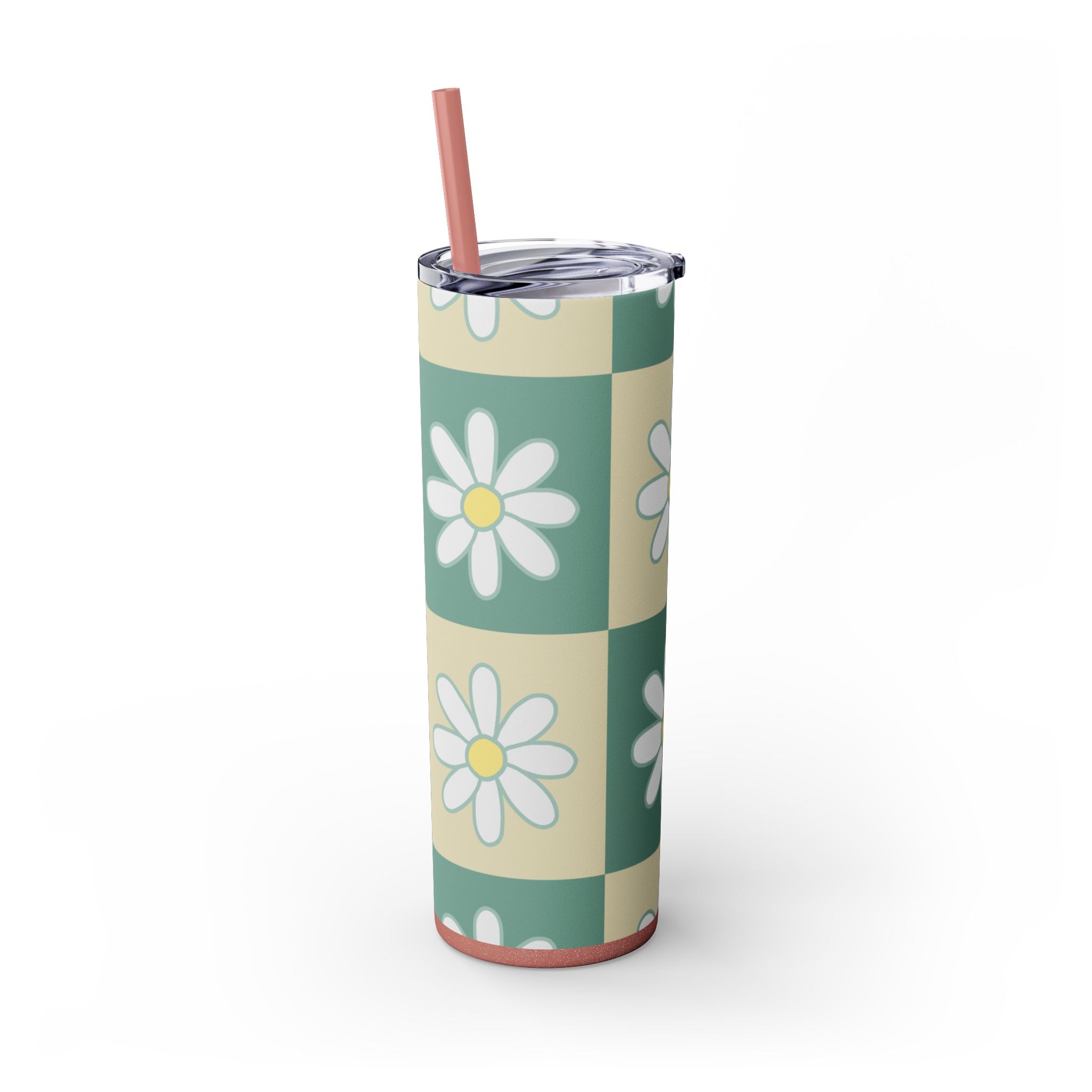 Retro Daisy Checkerboard Green and Tan Skinny Tumbler with Straw, 20oz, Artsulli - Art is Long, Life is Short, Mug, , , , , , , 