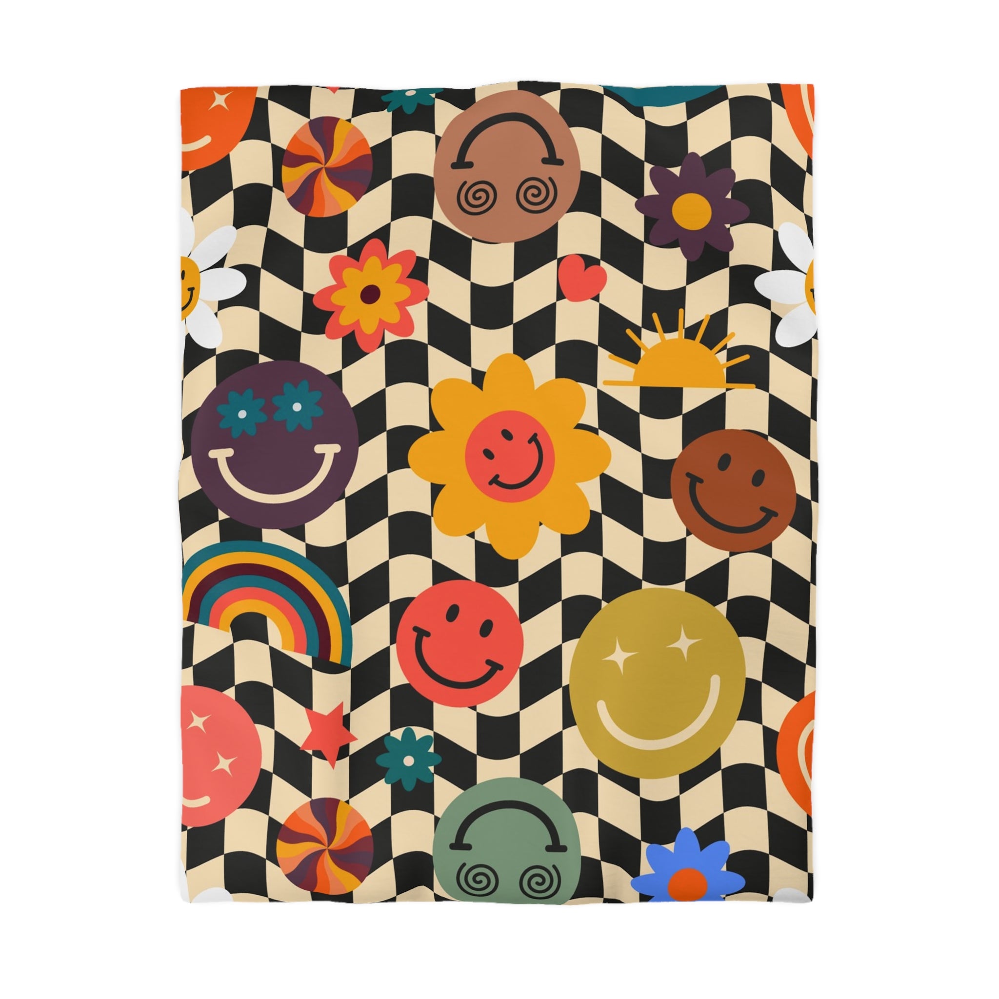 Trippy x Wavy Checkerboard x Smiley Face x Rainbow x Flowers Multi-Color Microfiber Duvet Cover, Artsulli - Art is Long, Life is Short, Home Decor, Size, Twin, Color, White, , , 13609149463610724479