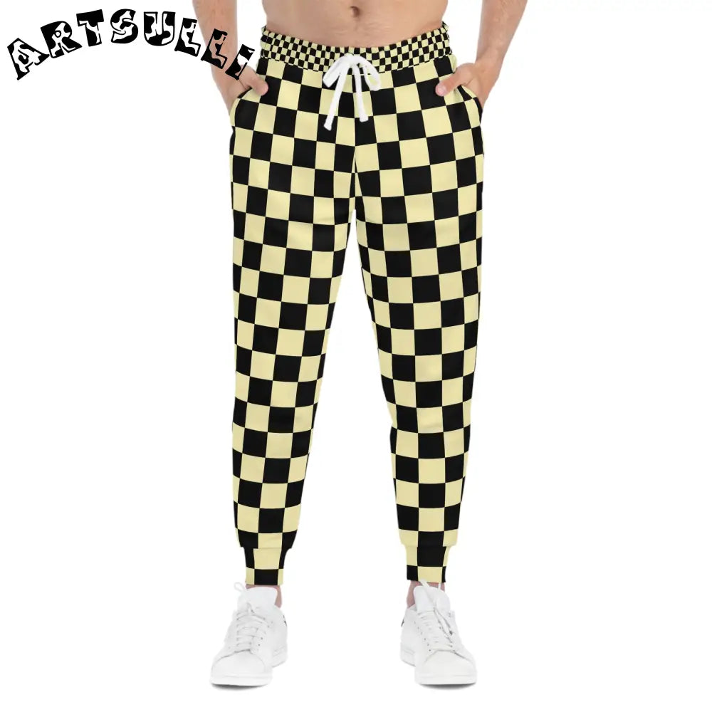 JAKKOUTTHEBXX Checkerboard Black and Yellow Athletic Joggers (AOP)