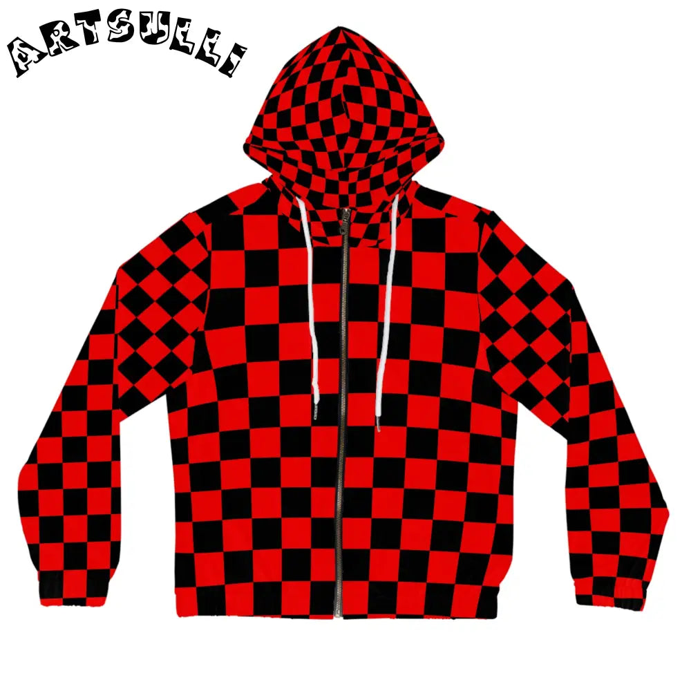 JAKKOUTTHEBXX Checkerboard Red and Black Women’s Full-Zip Hoodie