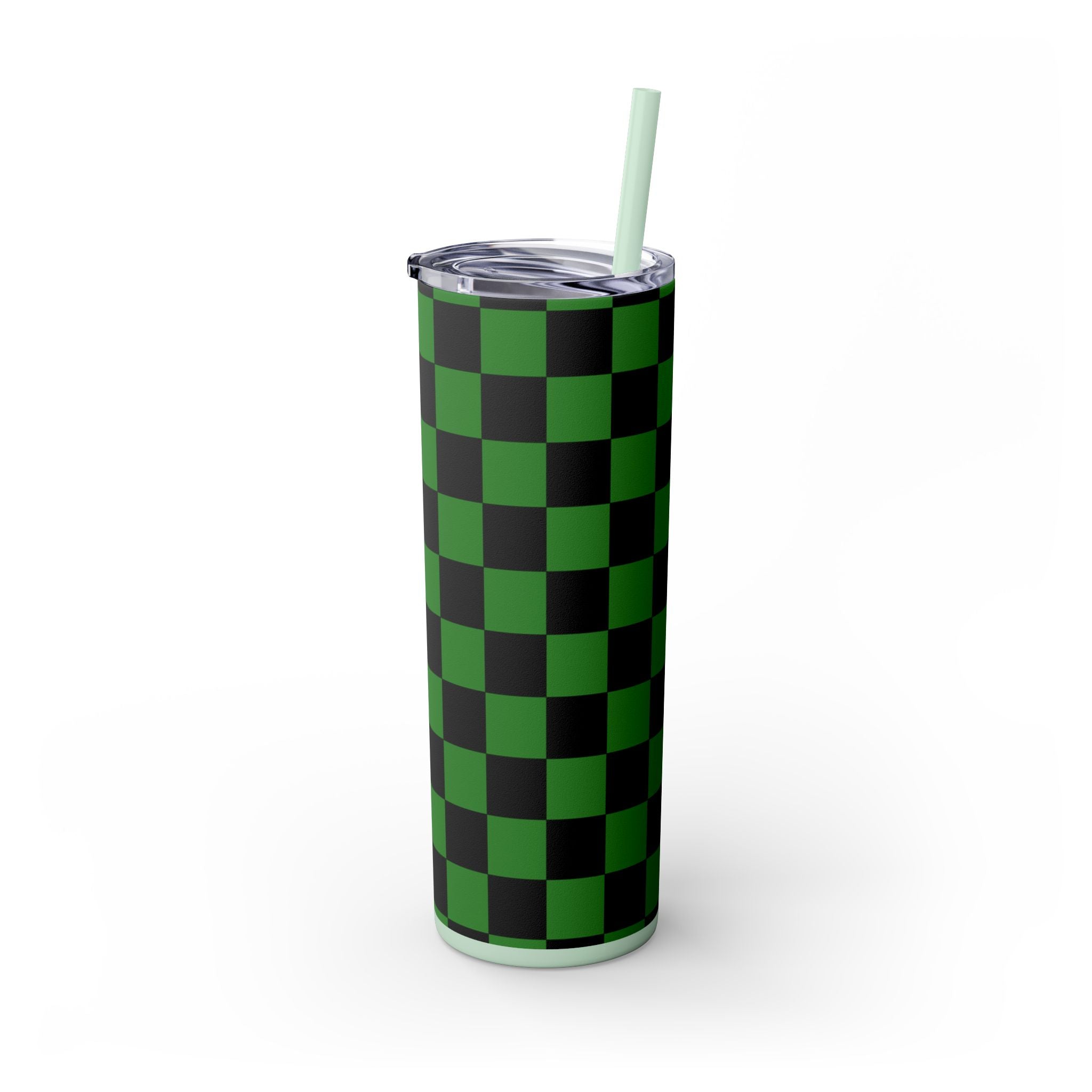 Checkerboard Green and Black Skinny Tumbler with Straw, 20oz, Artsulli - Art is Long, Life is Short, Mug, , , , , , , 