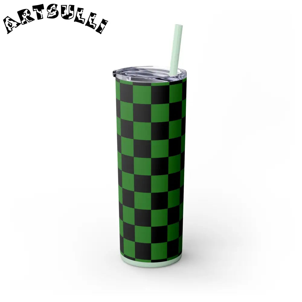 JAKKOUTTHEBXX Checkerboard Green and Black Skinny Tumbler with Straw
