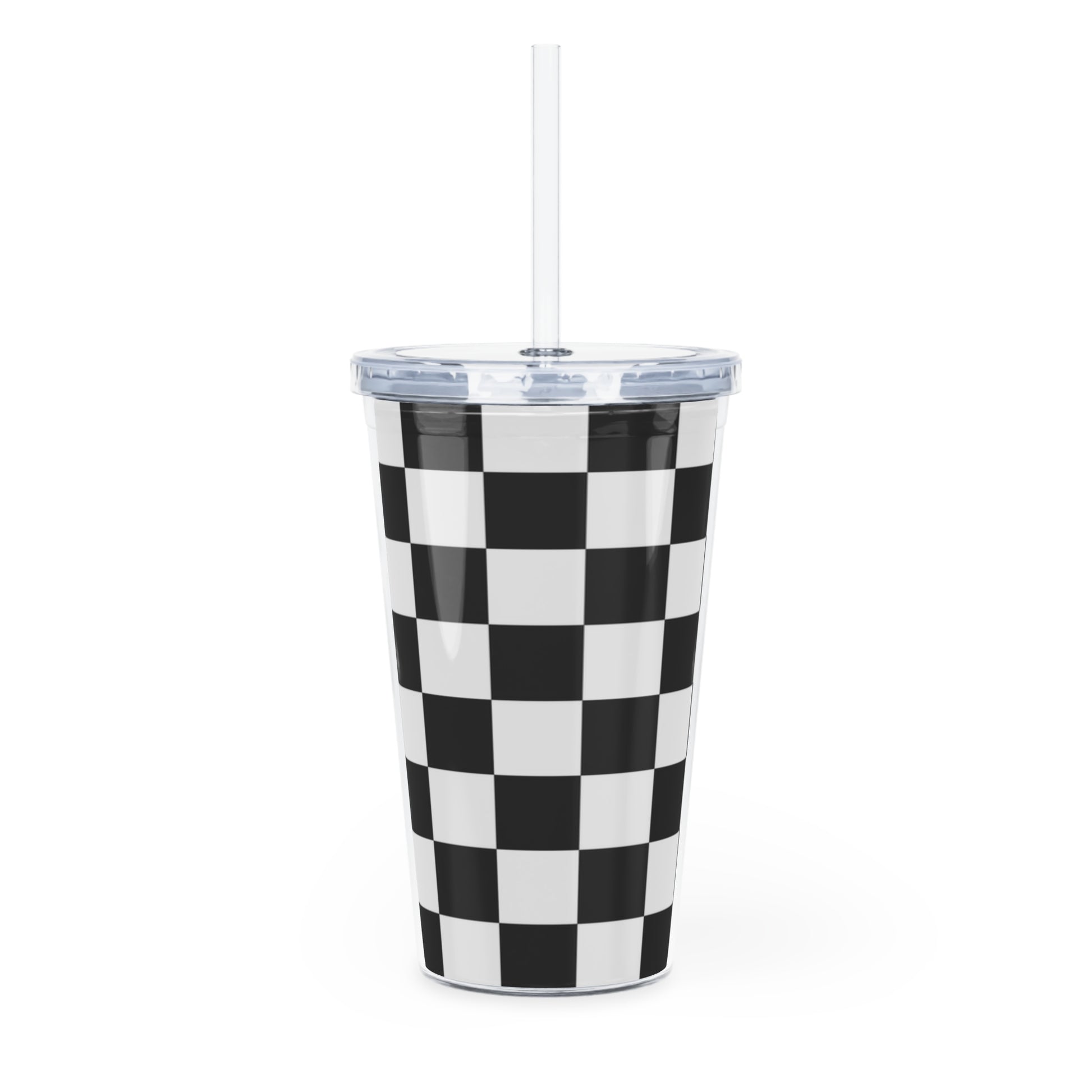 Checkerboard White and Black Plastic Tumbler with Straw, Artsulli - Art is Long, Life is Short, Mug, , , , , , , 