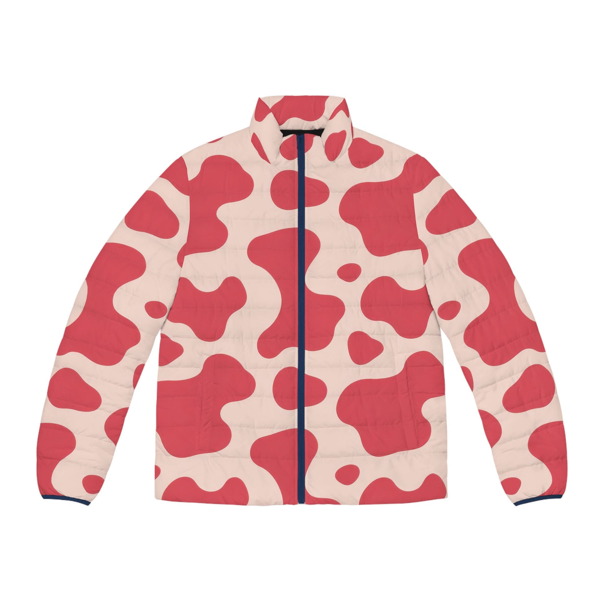 Red Jungle Cow Men's Puffer Jacket (AOP), Artsulli - Art is Long, Life is Short, All Over Prints, Size, S, Color, Dark blue zipper, , , 23169712898715323916
