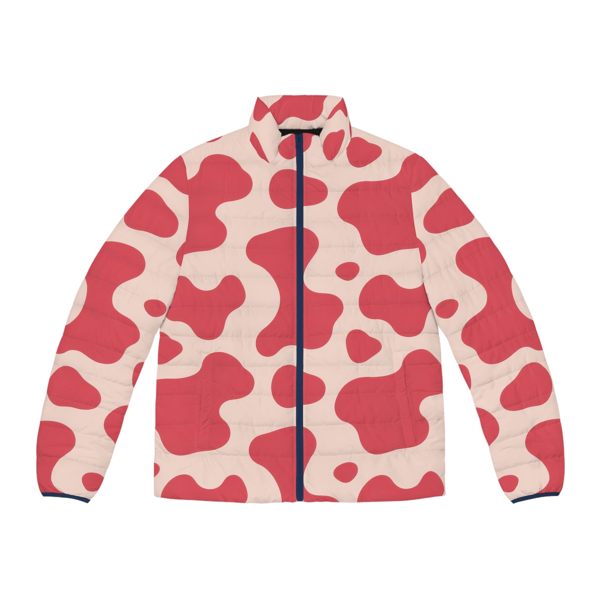 Red Jungle Cow Men's Puffer Jacket (AOP), Artsulli - Art is Long, Life is Short, All Over Prints, Size, S, Color, Dark blue zipper, , , 23169712898715323916