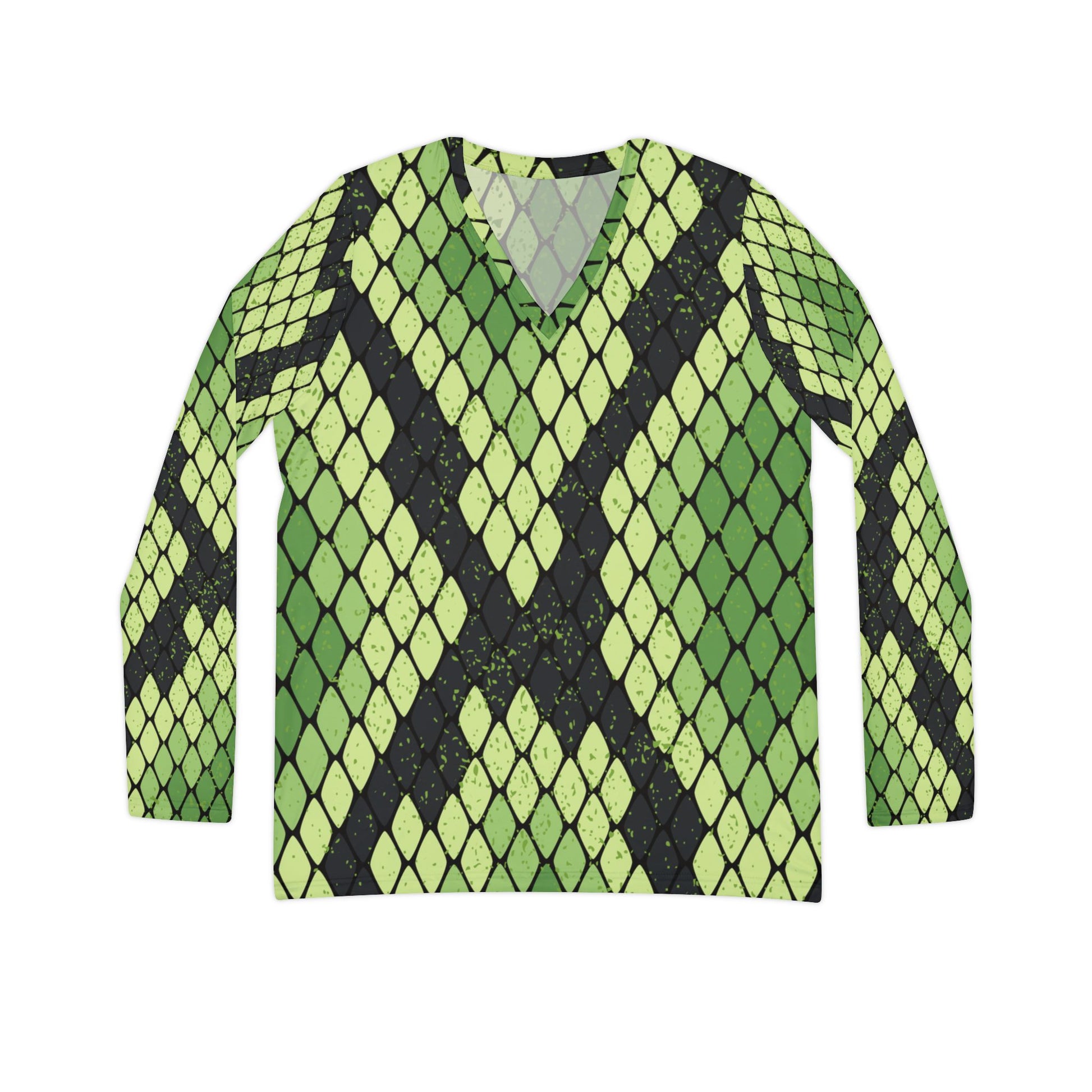 Snake Skin Green and Black Women's Long Sleeve V-neck Shirt (AOP), Artsulli - Art is Long, Life is Short, All Over Prints, Size, XS, , , , , 11269585002305