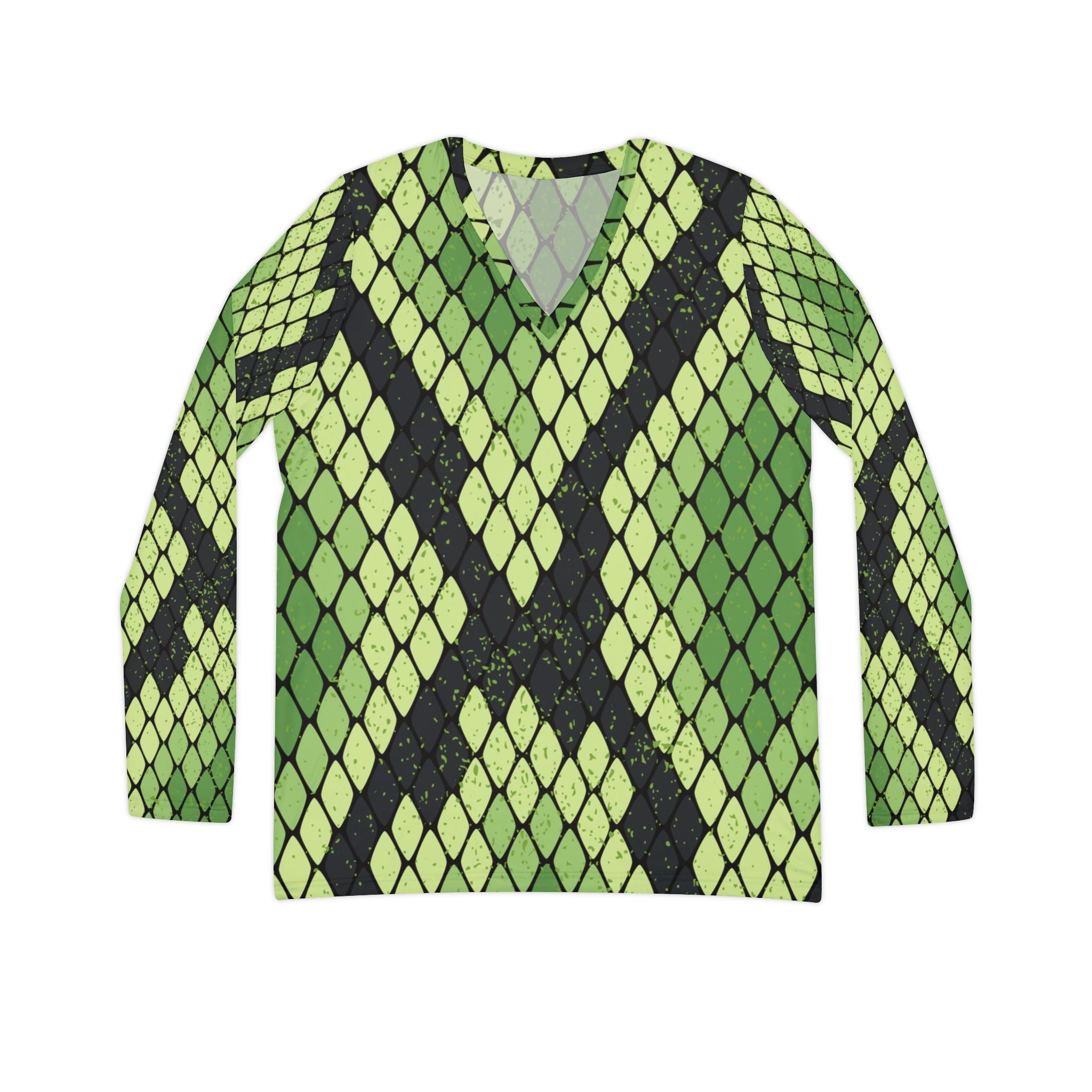 Snake Skin Green and Black Women's Long Sleeve V-neck Shirt (AOP), Artsulli - Art is Long, Life is Short, All Over Prints, Size, XS, , , , , 11269585002305
