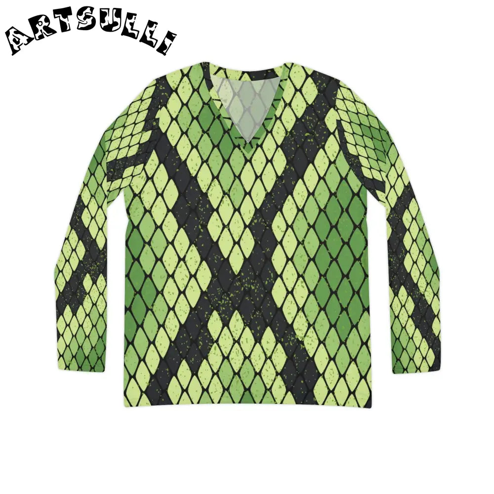 JAKKOUTTHEBXX Snake Skin Green and Black Women’s Long Sleeve V-neck