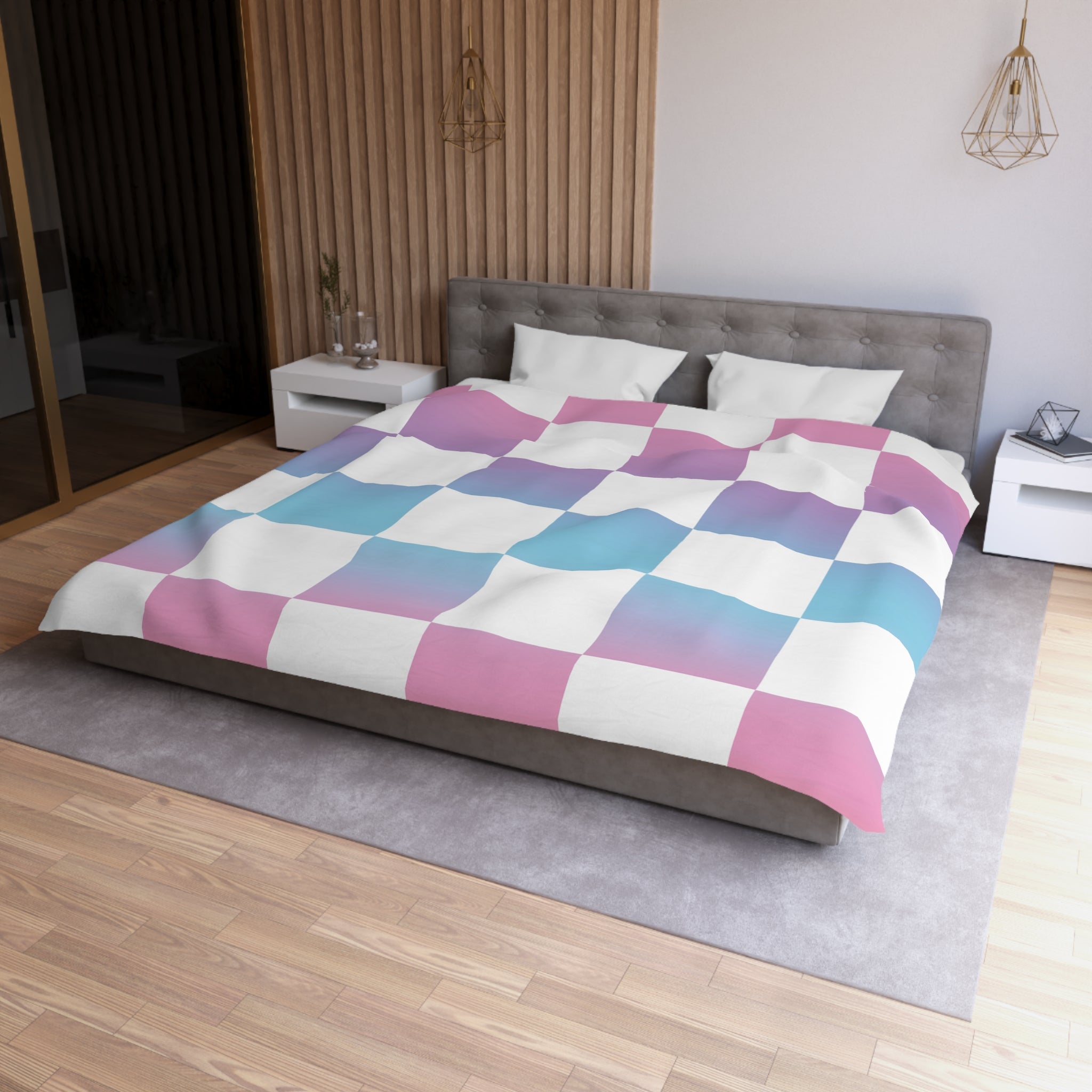 Vaporwave Check Microfiber Duvet Cover, Artsulli - Art is Long, Life is Short, Home Decor, , , , , , , 
