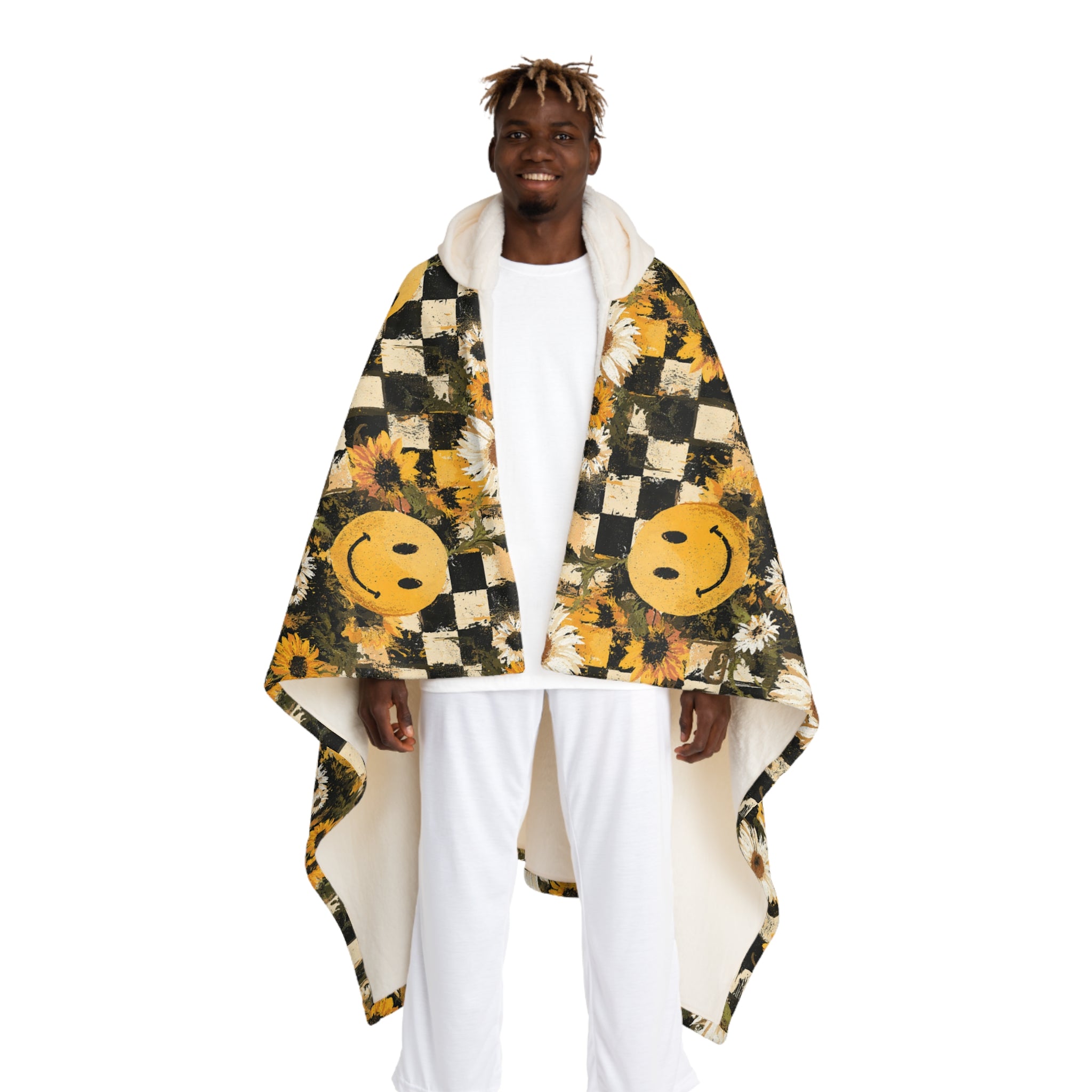 Smiley Face x Checkerboard x Sunflowers x Trippy x Vintage II Black and Yellow Hooded Sherpa Fleece Blanket, Artsulli - Art is Long, Life is Short, All Over Prints, Size, One size, Color, Cream, , , 20077260344131528295