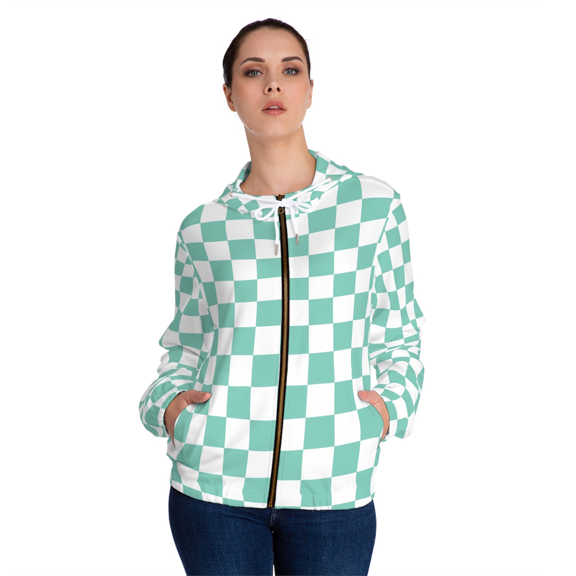 Checkerboard Light Green Women’s Full-Zip Hoodie (AOP), Artsulli - Art is Long, Life is Short, All Over Prints, , , , , , , 