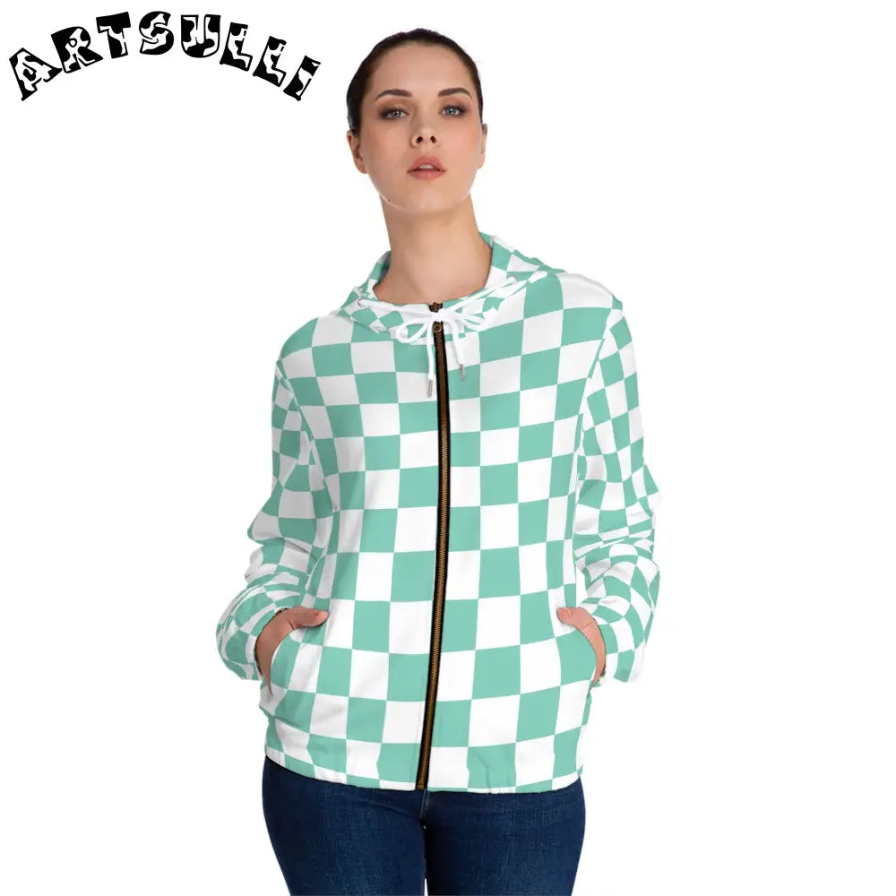 JAKKOUTTHEBXX Checkerboard Light Green Women’s Full-Zip Hoodie (AOP)