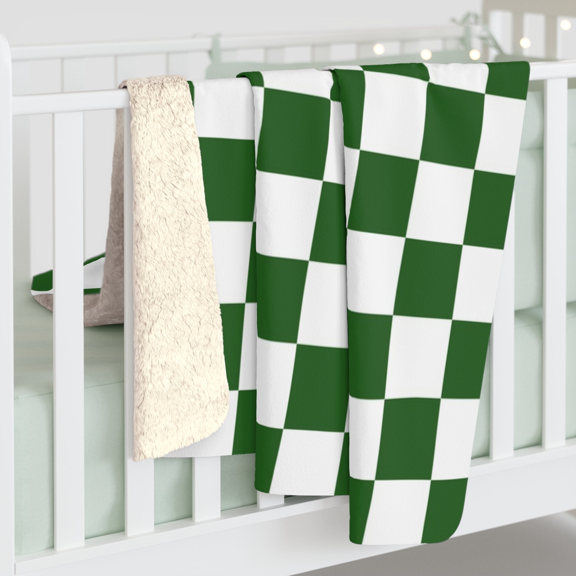 Checkerboard White and Dark Green Sherpa Fleece Blanket, Artsulli - Art is Long, Life is Short, Home Decor, , , , , , , 