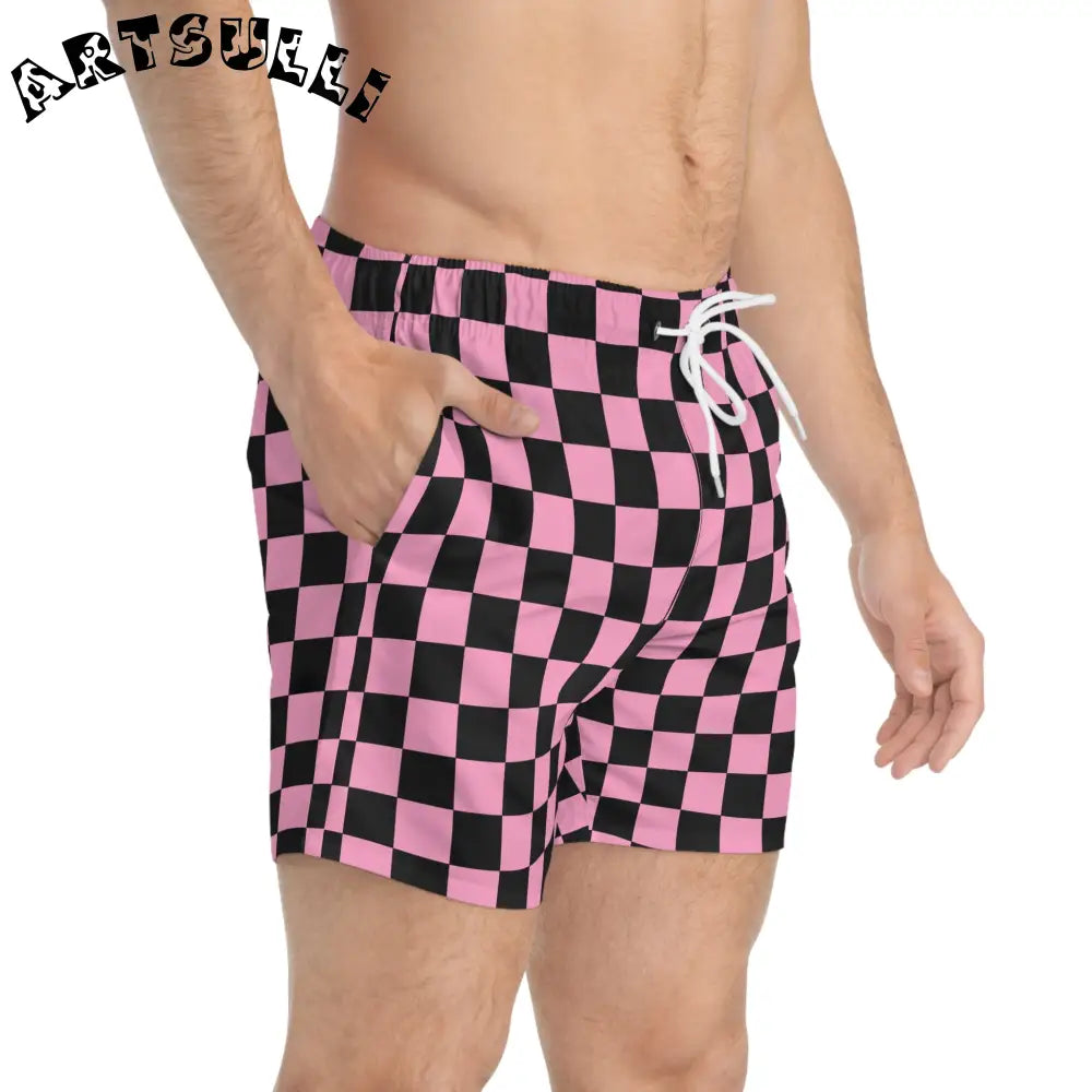 JAKKOUTTHEBXX Checkerboard II Black and Pink Swim Trunks (AOP)