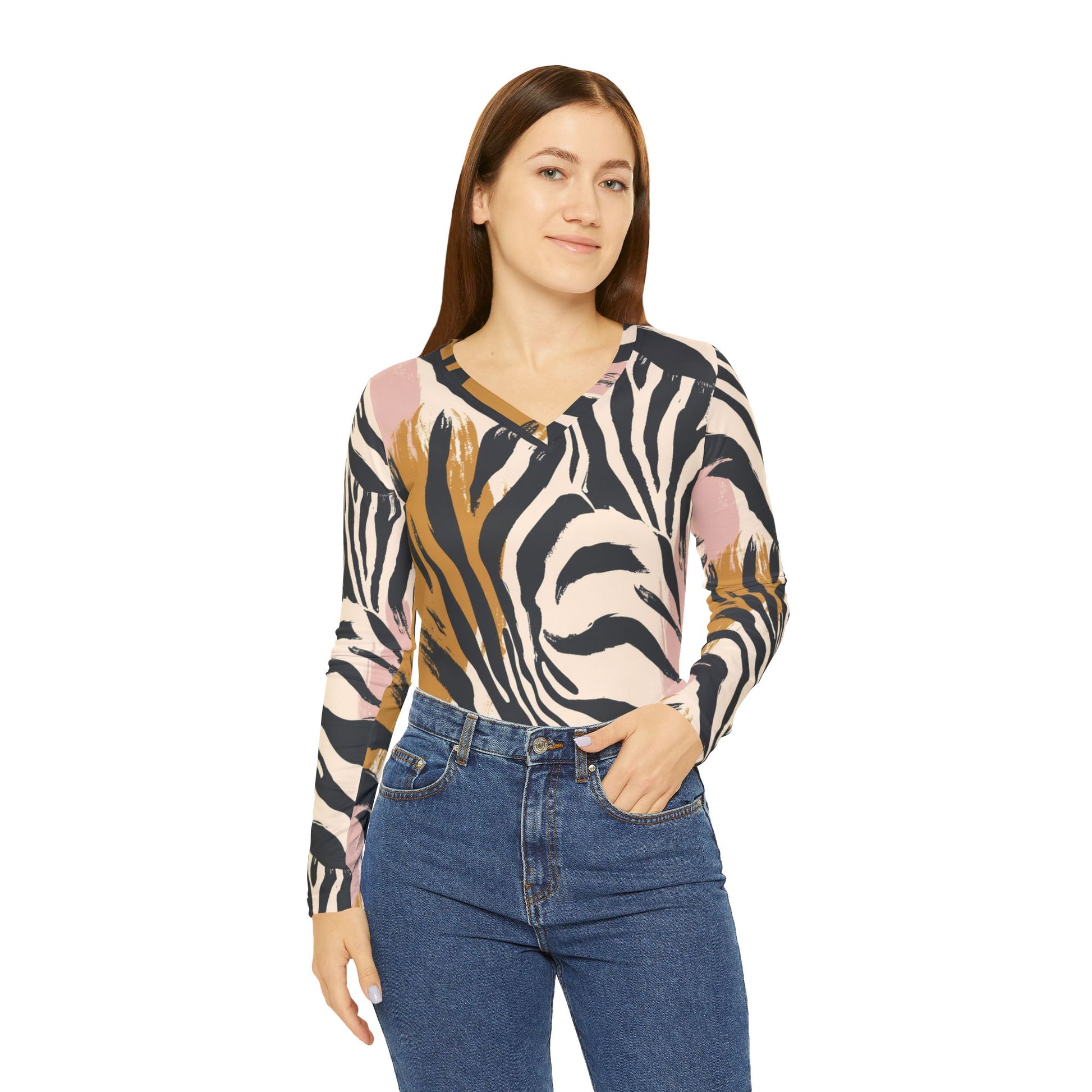 Beige Zebra Jungle Flats Women's Long Sleeve V-neck Shirt (AOP), Artsulli - Art is Long, Life is Short, All Over Prints, , , , , , , 