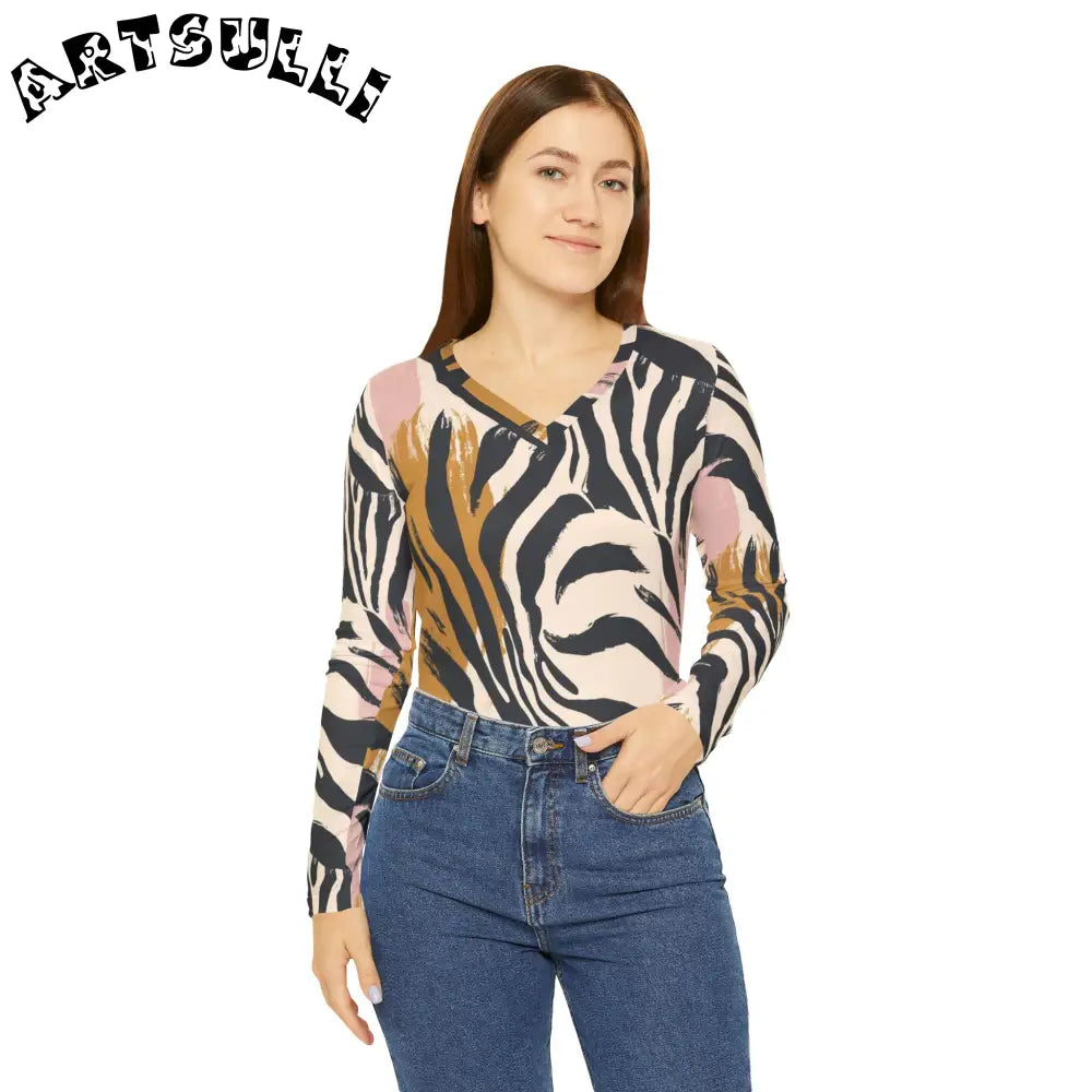 JAKKOUTTHEBXX Abstract Zebra Print Long Sleeve V Neck Shirt